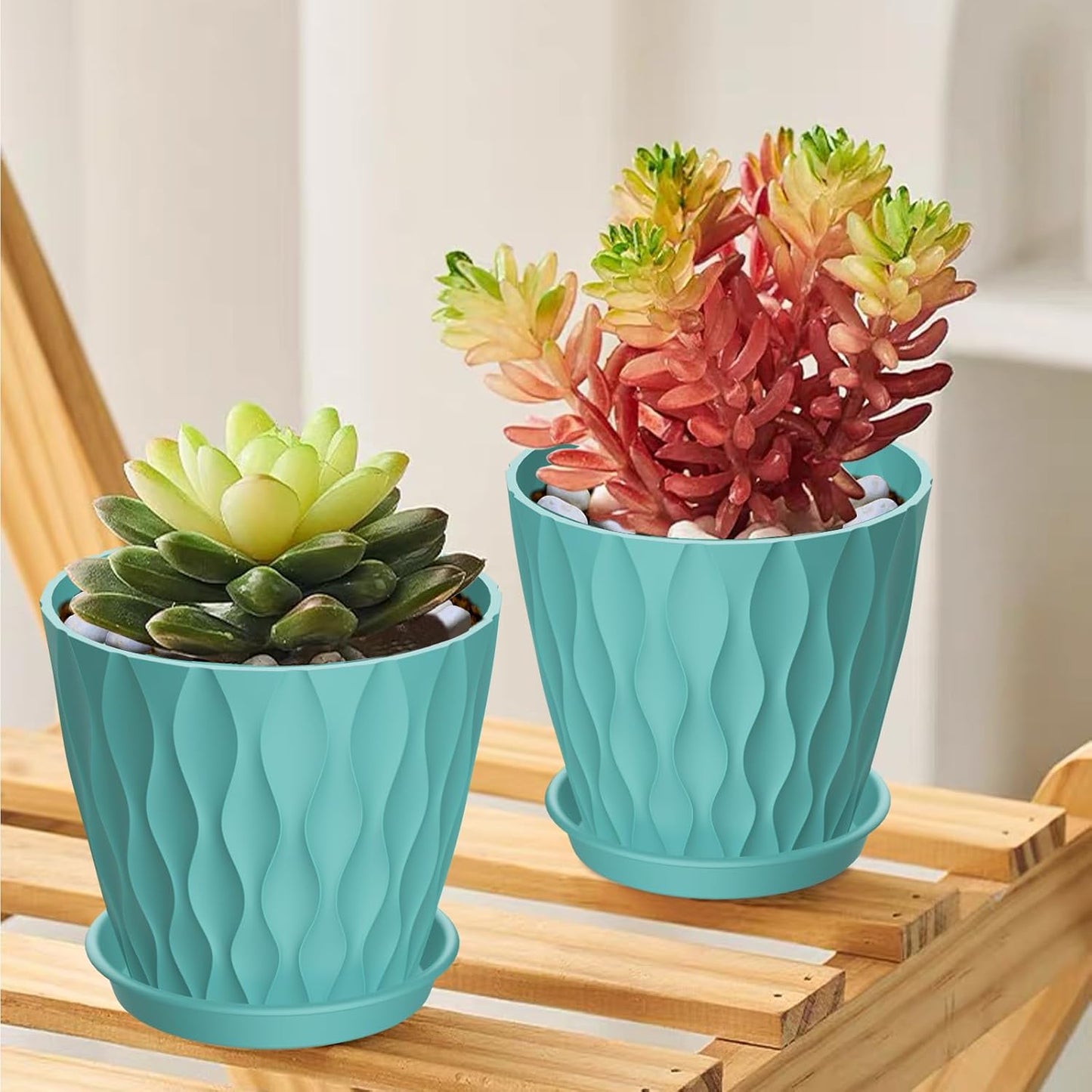12 Pack 4 Inch Small Plant Pots with Saucers, Waffle Texture Plastic Planters with Drainage Holes for Indoor and Outdoor Plants, Flowers, Herbs, Succulents, and Seedlings, Blue