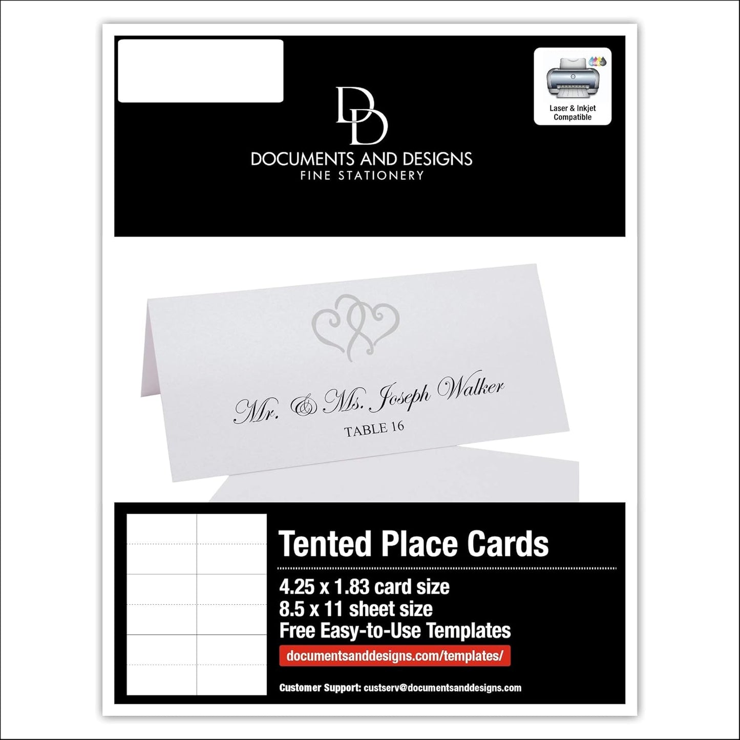 Linked Hearts Printable Place Cards, Silver (Choose Color), Set of 150 (25 Sheets), Laser & Inkjet Printers - Wedding, Party, Dinner, and Special Events - Made in the USA