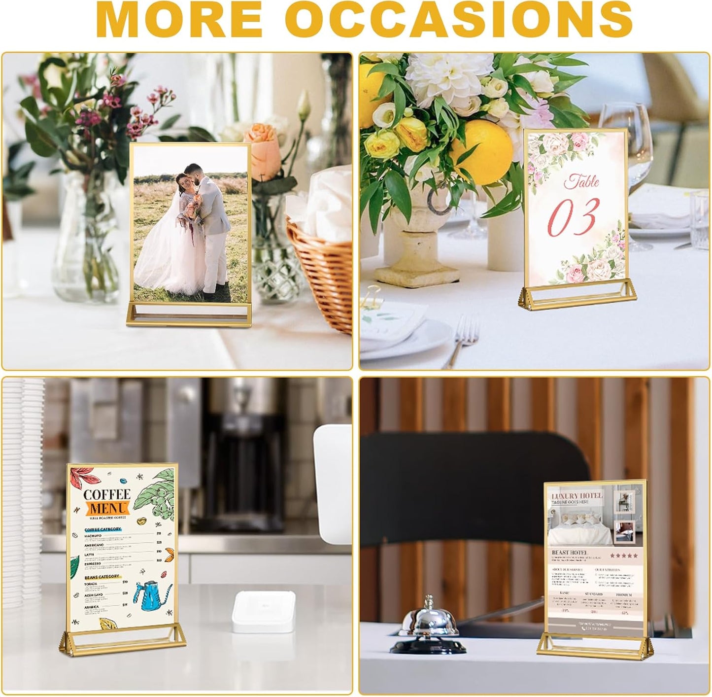 EHWINE 12 Pack Acrylic Sign Holder 5 x 7, Double Sided Gold Picture Frame Stand up Table Top Sign Holders, Clear Display Stand Menu Flyer Holder for Wedding Party (Provide Non-slip Mats)