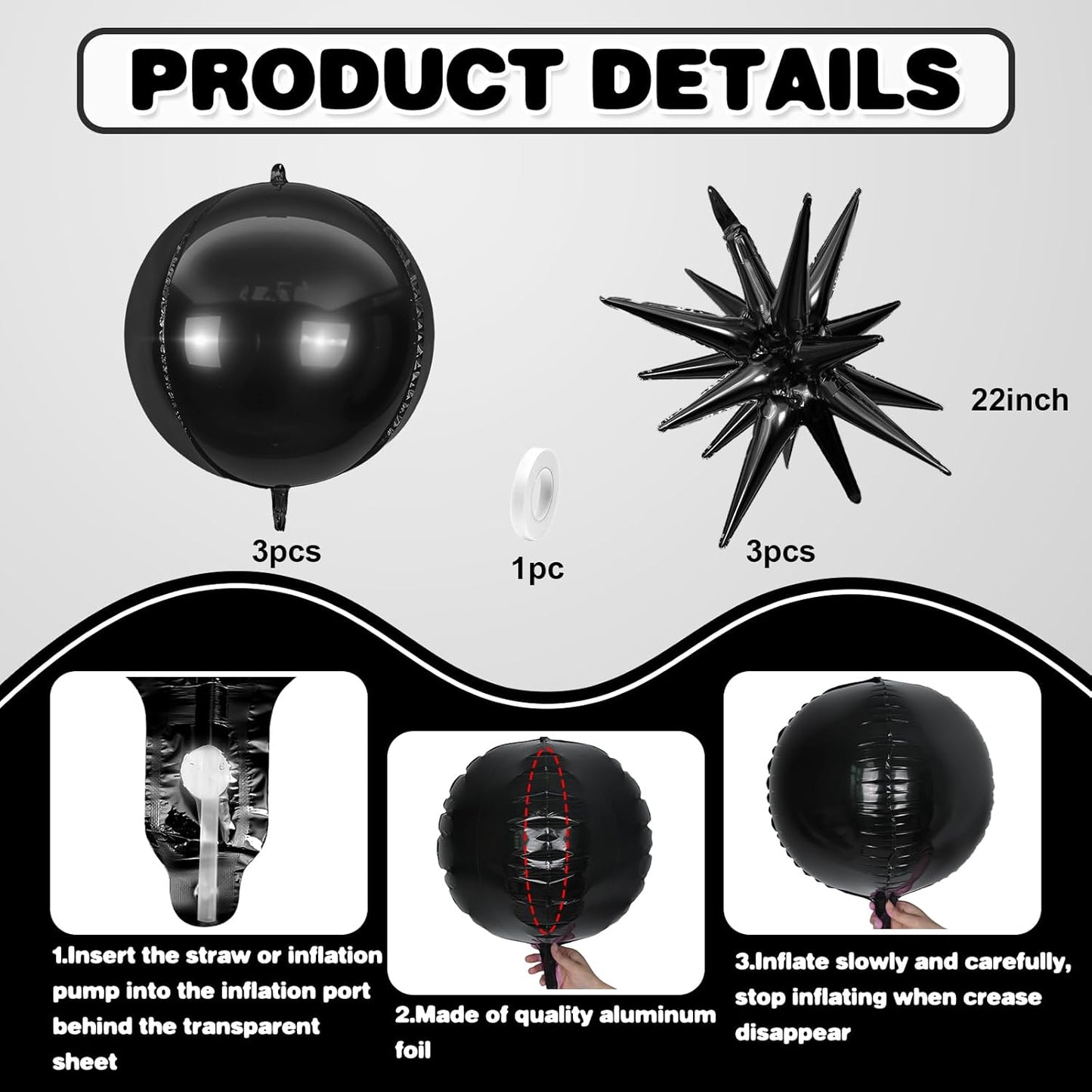 6Pcs Black Foil Balloons,22Inch Black 4D Round Ball Balloon and Explosion Star Balloon for Birthday Wedding Baby Shower Anniversary Graduation Decorations