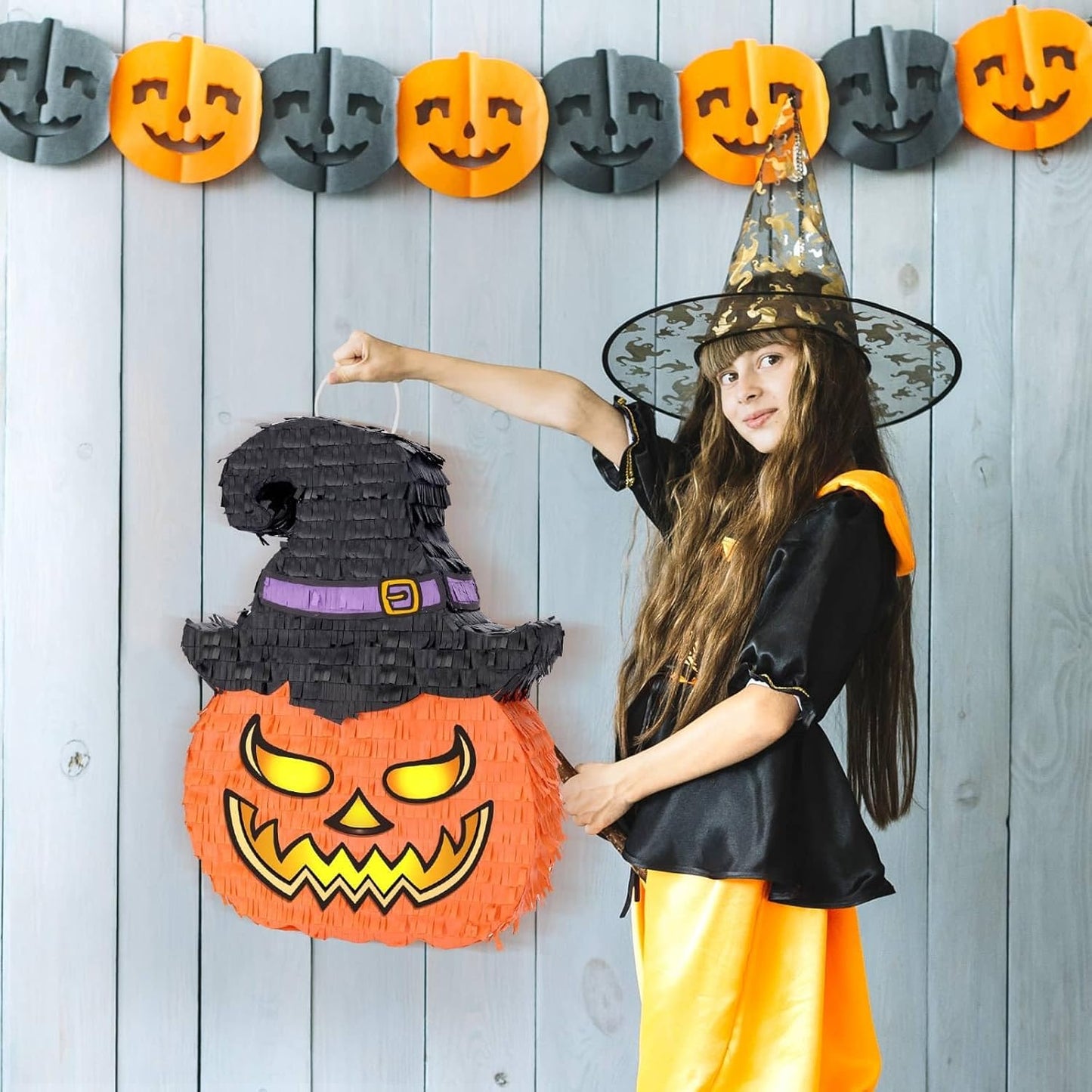 WERNNSAI Halloween Pumpkin Piñata - Wicked Pumpkin Pinata Halloween Jack O Lantern decorations for Kids Trick or Treat Costume Party Pumpkin Games with Bat Blindfold