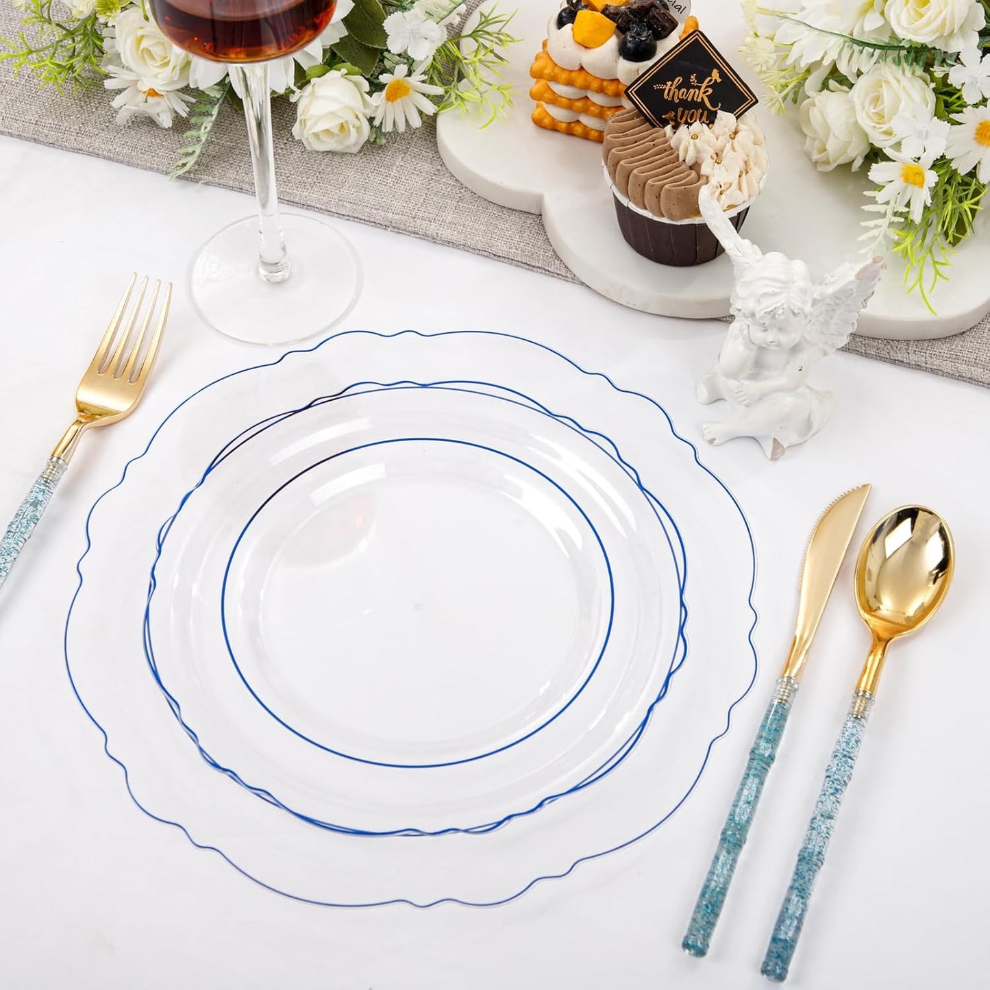 Liacere 150PCS Clear and Blue Plastic Plates-Clear and Blue Disposable Plates with Glitter Bamboo Handle Cutlery-60 Baroque Elegant Plates, 30 Forks, 30 Spoons, 30 Knives for Wedding&Back to School
