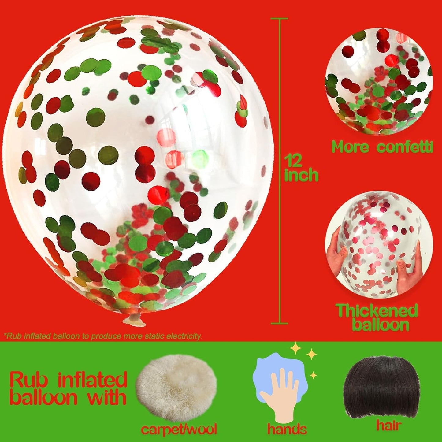 Green Red Confetti Balloons 25 Pcs, 12 Inch Thickened Clear Latex Balloon with Confetti Inside for 2025 Christmas Decorations Baby Shower Birthday Party Decorations Supplies