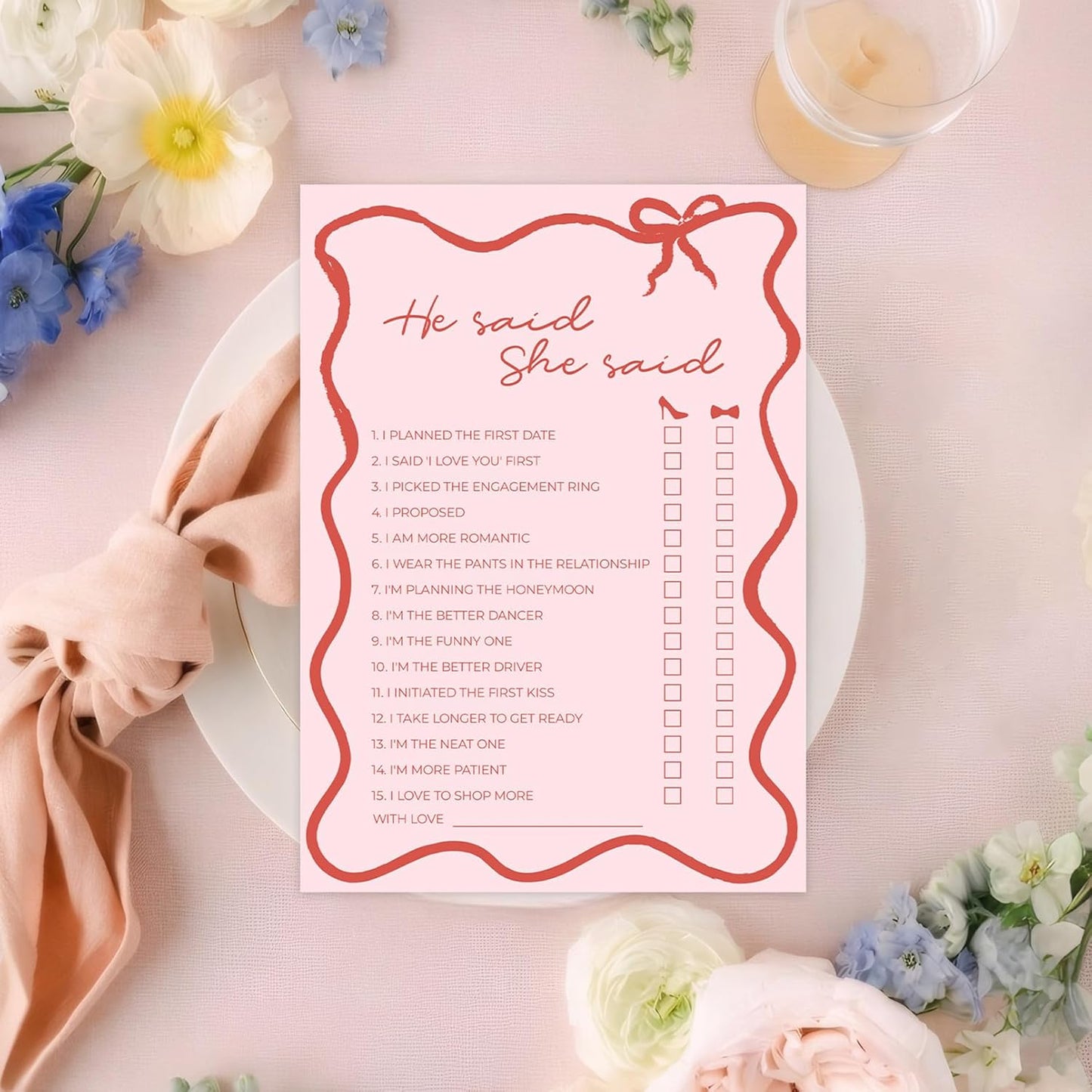 DEEKA 30 PCS Bridal Shower Games Card for 30 Guests Pink Wavy Border Ribbon Bow Funny Wedding Bachelorette Party Games for Reception (He Said She Said)
