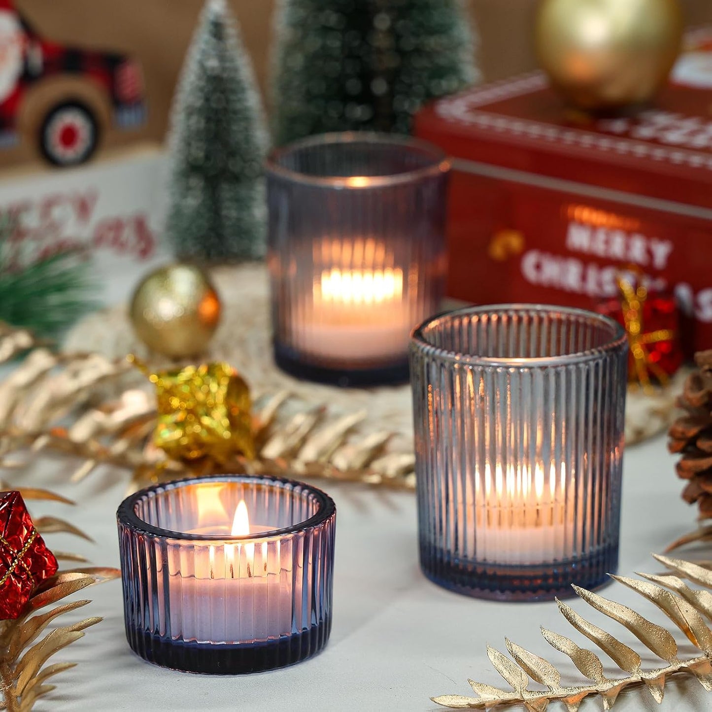 24 Pcs Ribbed Votive Candle Holders, Dark Blue Glass Holders Bulk for Table Centerpiece, Tealight Holders Glass for Wedding Shower, Party and Home Decor