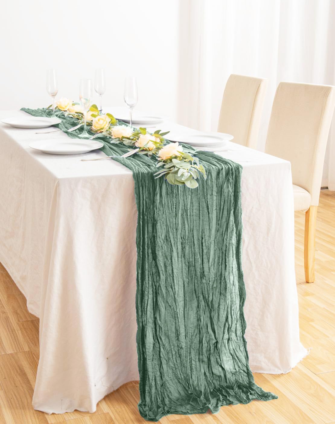 8 Pack 10Ft Sage Green Cheesecloth Table Runner 35x120 inch Boho Gauze Cheese ClothsTable Runners Long Wrinkled Sheer Romantic Table Runner for Wedding Bridal Shower Birthday Party Table Decor