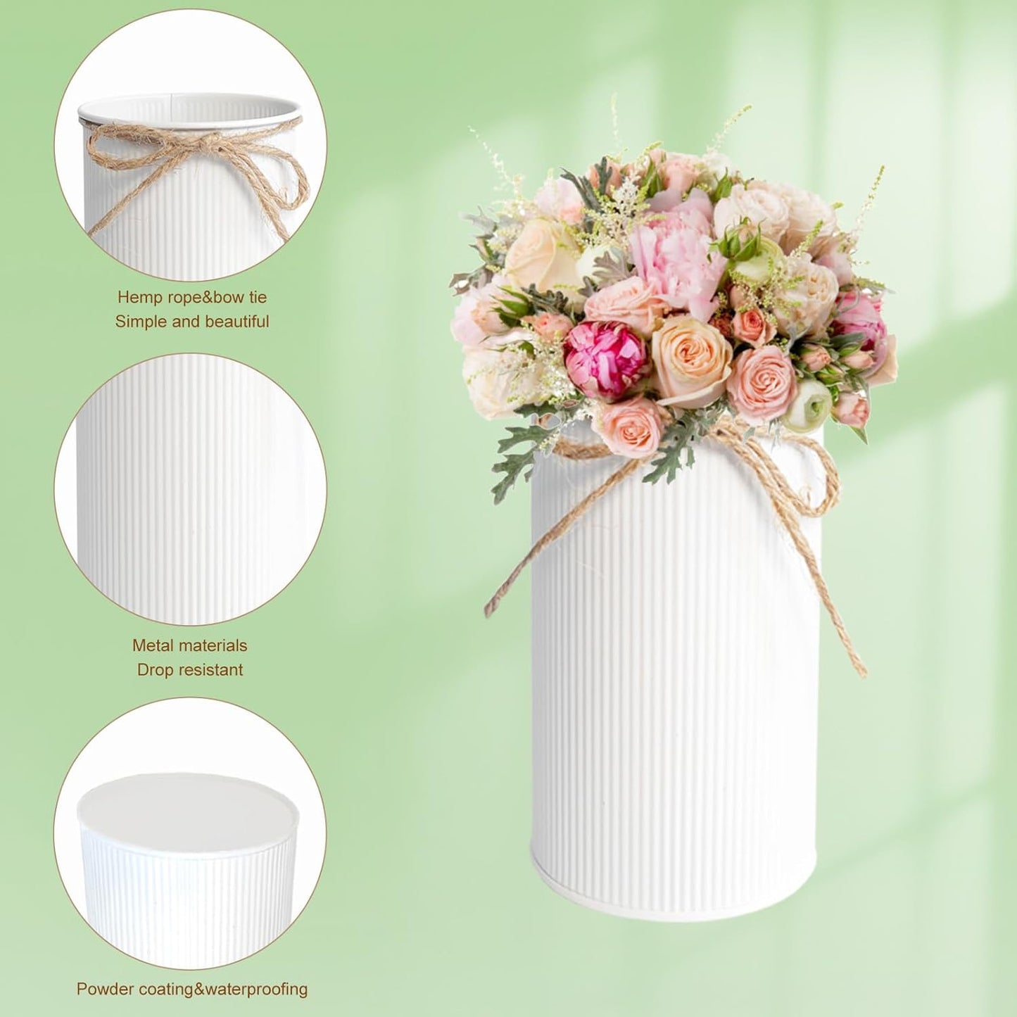 6" High Farmhouse Vases for Centerpiece, Rustic Mason Jars with Twine Bow for Flowers, Vintage Galvanized Metal Vase Tin Bucket for Wedding Home Decor (White, 2Pcs)