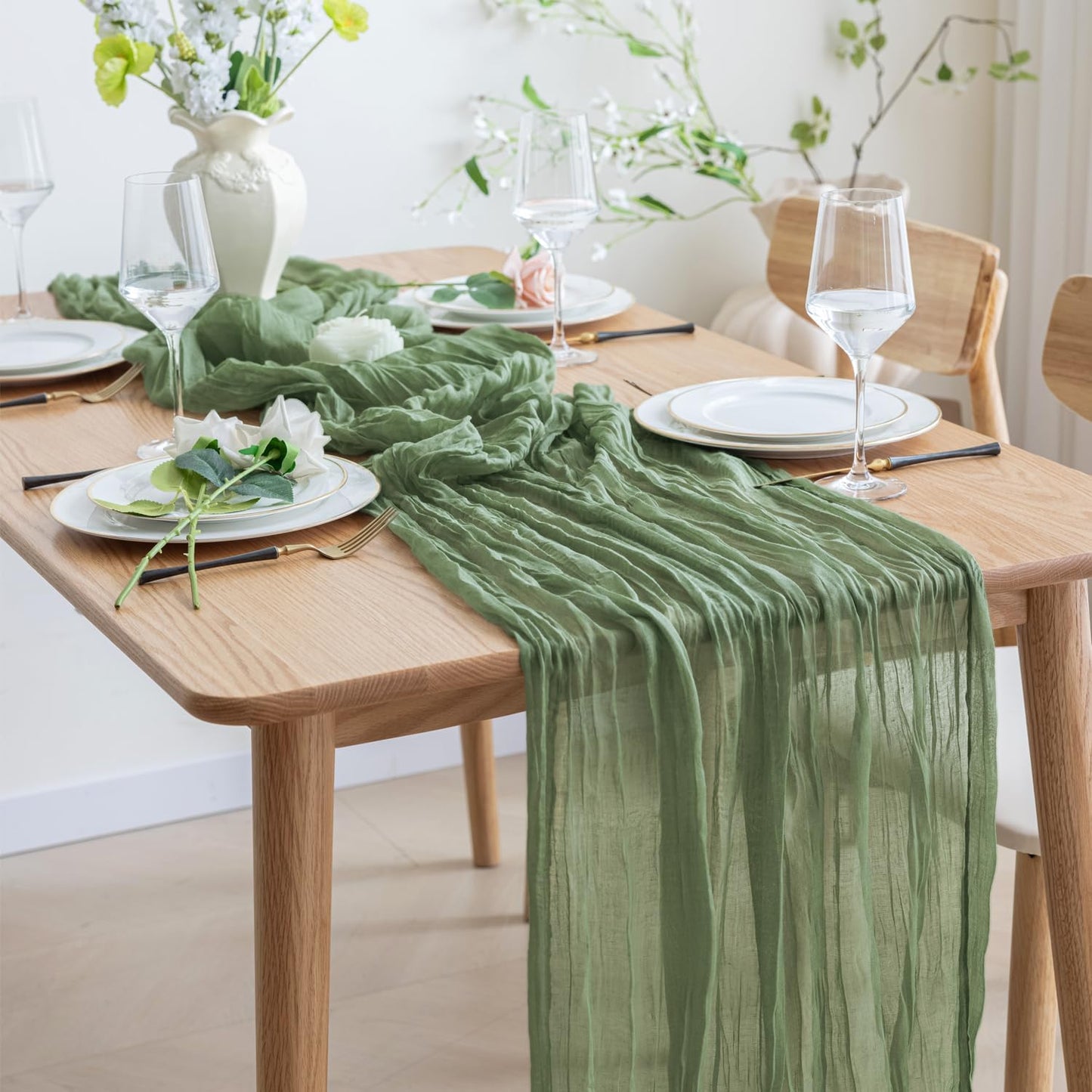 Asee'm 2pcs Cheesecloth Table Runner 120 Inches Sage Green Boho Gauze Cheese Cloth Runner 10FT Rustic Sheer Table Runners for Summer Wedding Baby Shower Holiday Party Decoration