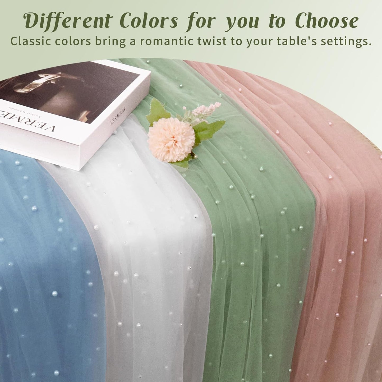 Set of 6 Pearl Table Runner 29 x 120 Inch Sage Green Tulle Fabric Lace Table Runners Boho Rustic Table Runners for Bridal Shower Birthday Party Wedding Arch Aisle Veil Dessert Table Decor(Sage Green)