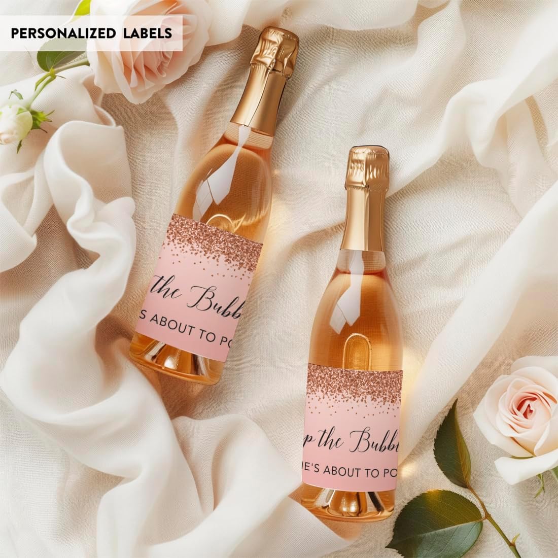 Andaz Press Mini Champagne Wine Bottle Baby Shower Labels, Pop The Bubbly! She's About to Pop!, Blush Pink Faux Rose Gold Glitter, 20-Pack Mini Champagne Bottles Baby Shower Champagne Bottle Stickers