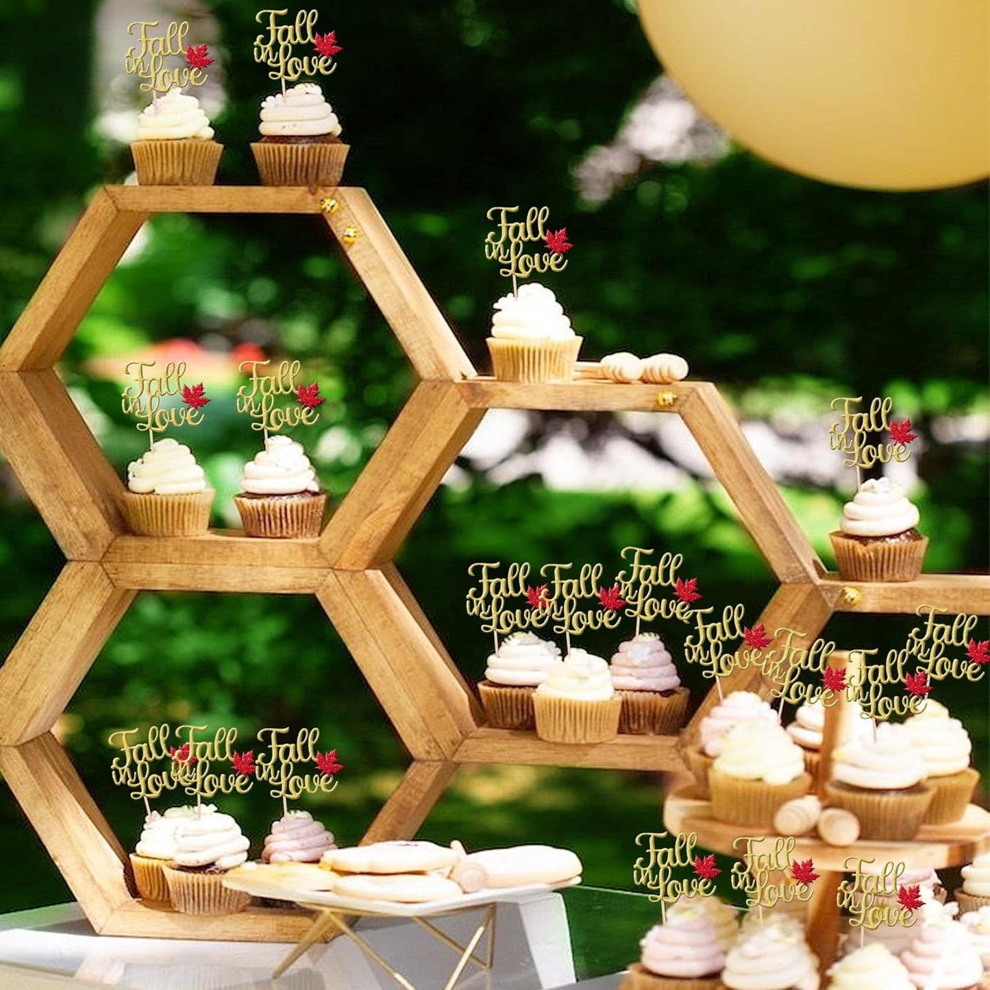 24 PCS Fall in Love Cupcake Toppers Glitter Maple Leaf Fall Theme Bridal Shower Cupcake Picks Wedding Engagement Cake Decorations for Autumn Wedding Anniversary Bridal Shower Party Supplies Gold