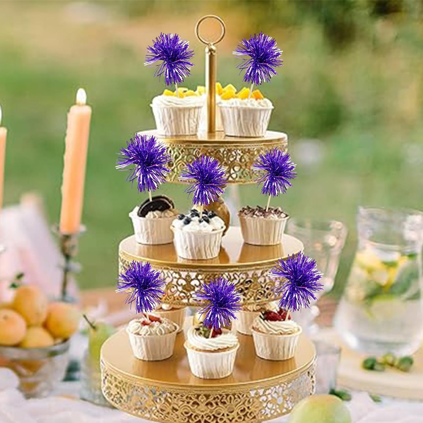 Gyufise 30Pcs Foil Firework Cupcake Toppers Sparkle Tinsel Cake Toppers Tinsel Drink Cake Decoration Cocktail Picks for Birthday Wedding Graduation Party Supplies Dark Purple