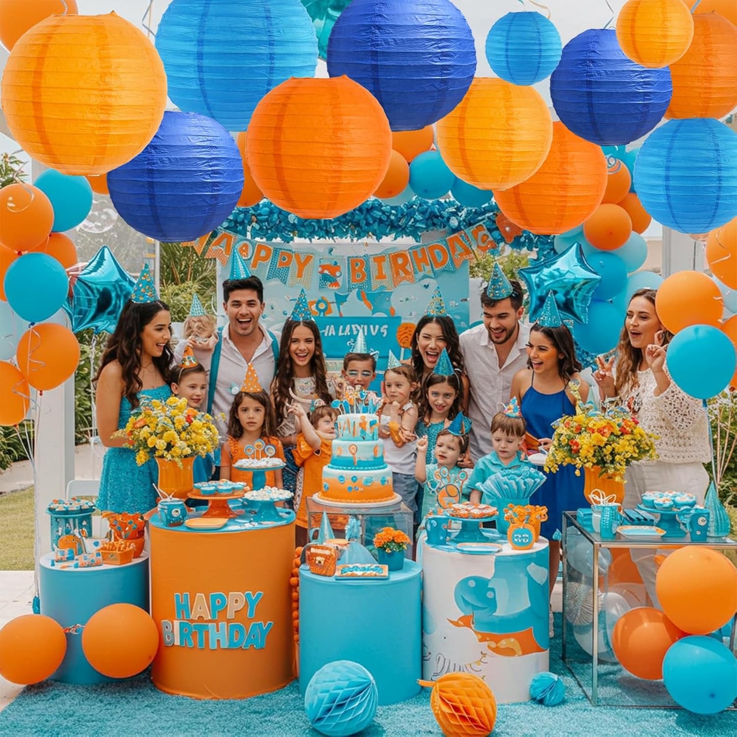 BEISHIDA 12Pcs Blue Orange Paper Lanterns Decorative Hanging Round Paper Lanterns Lamp for Birthday, Wedding,Bridal,Home Decor,Outdoor Decoration,Party Decoration