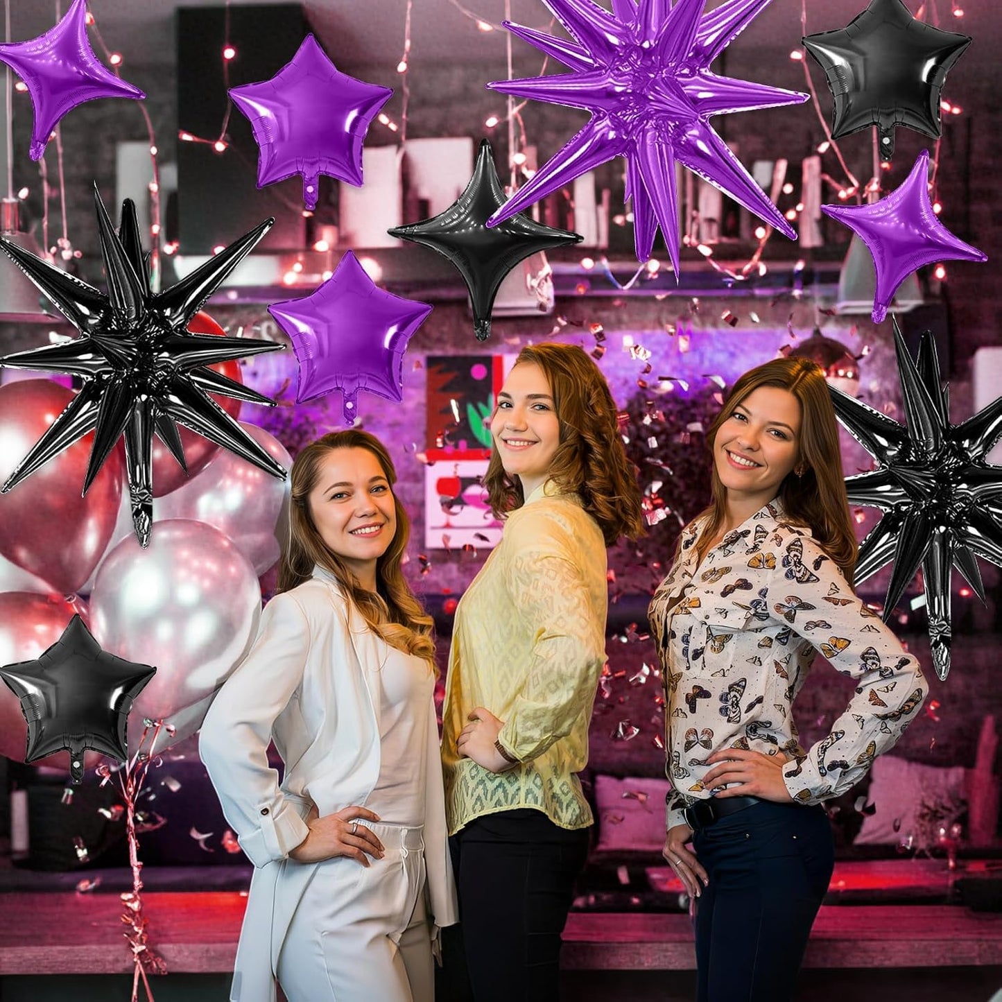 Purple Black Star Balloon,16Pcs Star Foil Balloons Set with 22Inch Explosion Spike Cone Balloons and 10Inch Quadrangle Helium Balloon for Birthday Wedding Baby Shower and Halloween Party Decorations