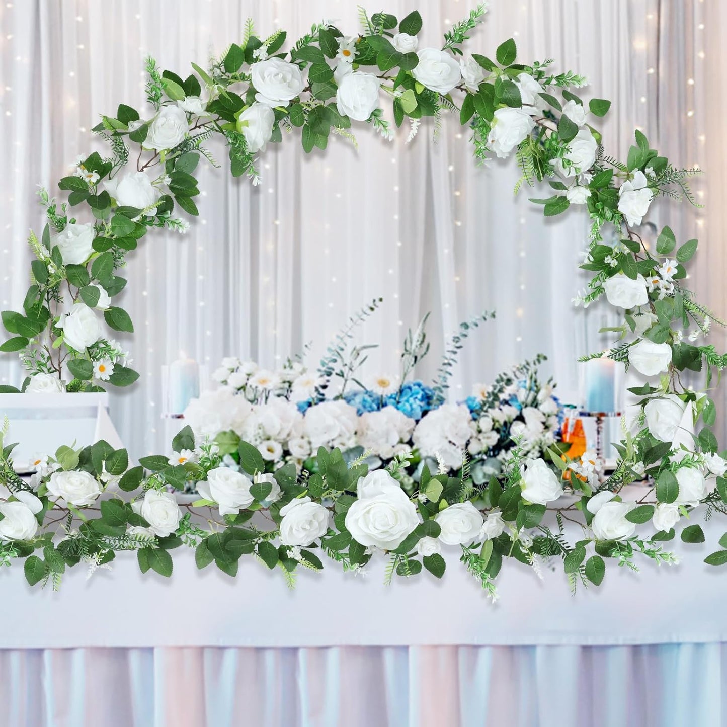 Naidiler Full Pretty White Rose Garland, 6.2FT Artificial Floral Vines Spring White Flower Garland for Wedding Arch Table Centerpiece Decor Home Backdrop Wall Valentines Decoration