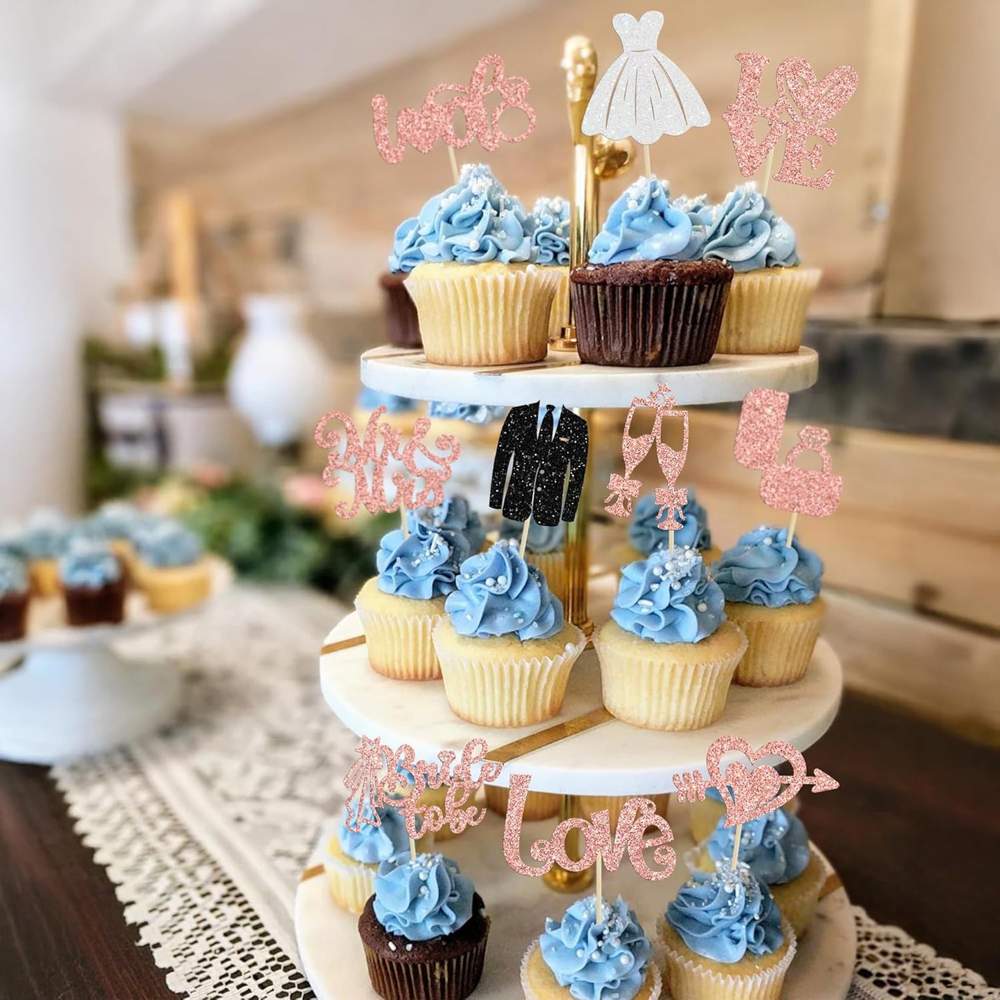 Ephlyn 30Pcs Bride to be Cupcake Toppers Glitter Wedding Cake Topper Decorations I Do Love Heart Ring Cupcake Picks for Bridal Shower Wedding Engagement Party Supplies Rose Gold