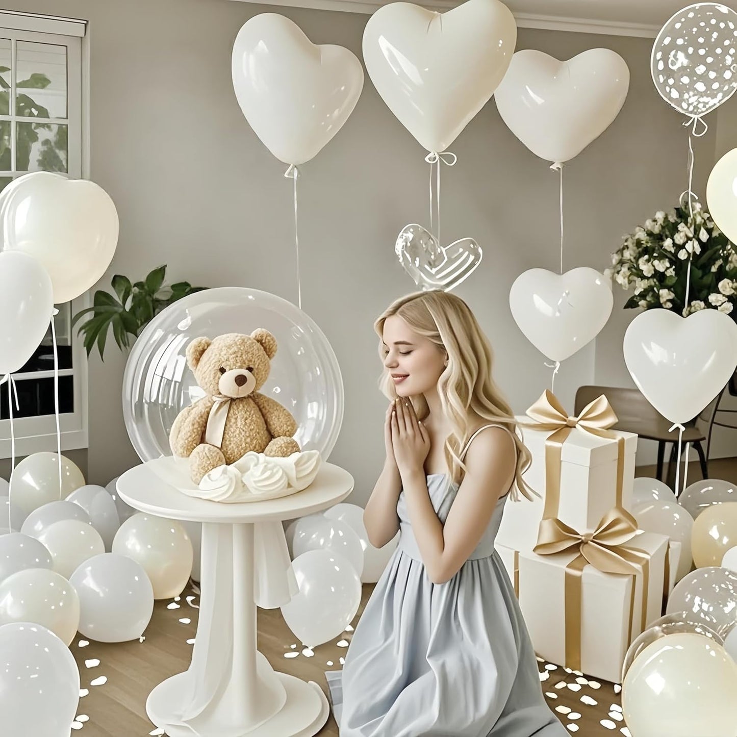 Pearl Balloons Bobo Heart Balloons, 22 18 12 In Pearl White Sand Cream Clear Balloon Bubbles Birthday Decorations for Bride Women, Pearlescent Ivory Beige Heart Shape Foil Balloon for Wedding Baptism