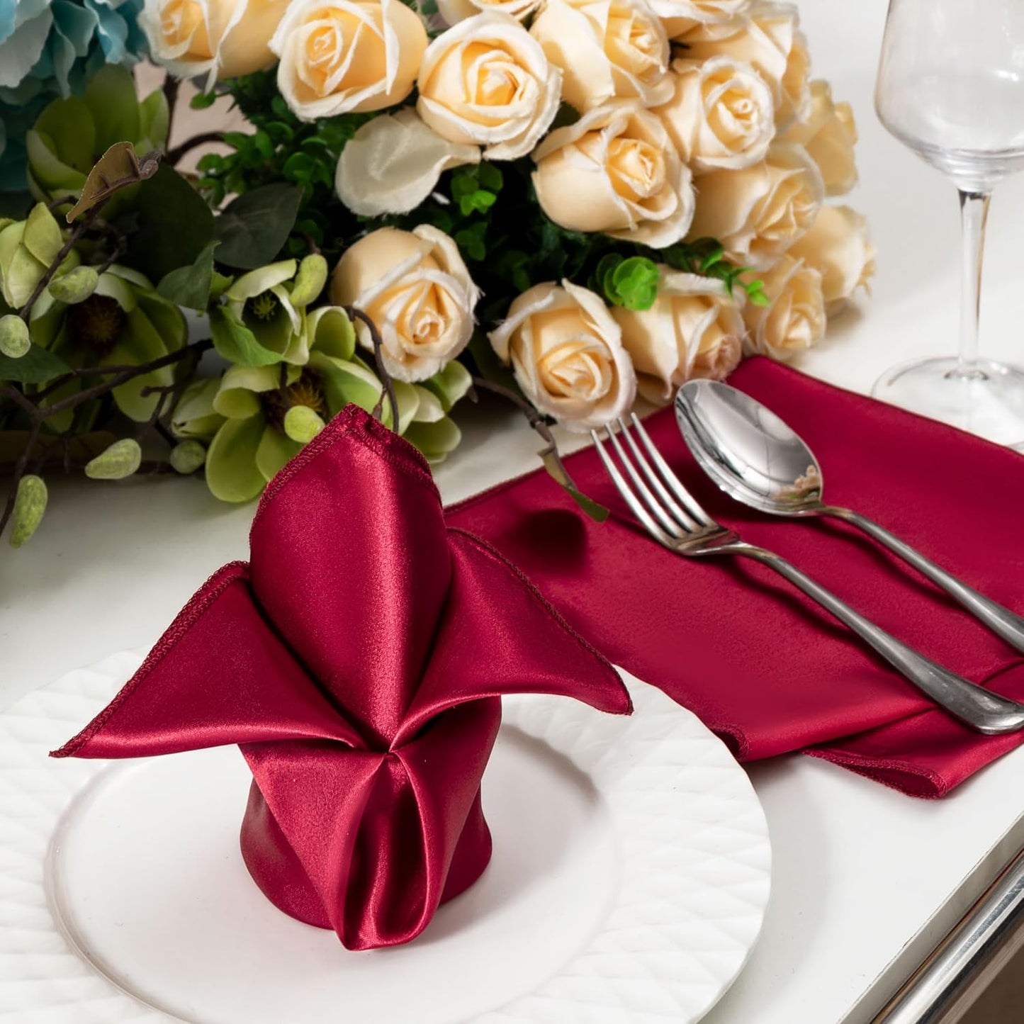 36 Pack Square Satin Dinner Napkins, 16x16 Inches Silky Soft Smooth Table Cloth Napkins for Restaurant Weddings Banquet Party Decoration, Burgundy