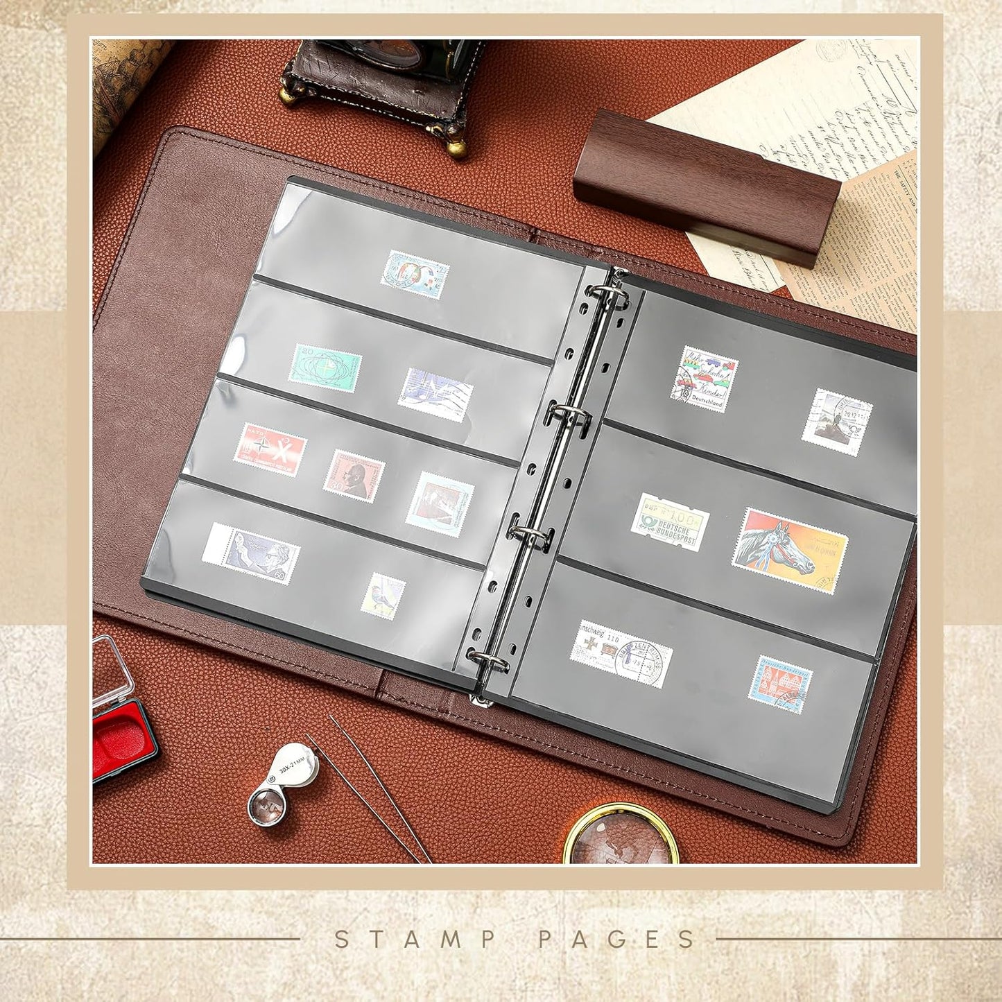 Lewtemi Stamp Collecting Albums Set Stamp Collection Book Include 20 Pages Album Binder Tweezer and Loop Magnifier Collecting Supplies for Collectors(Brown,1/2/3/4 Rows)