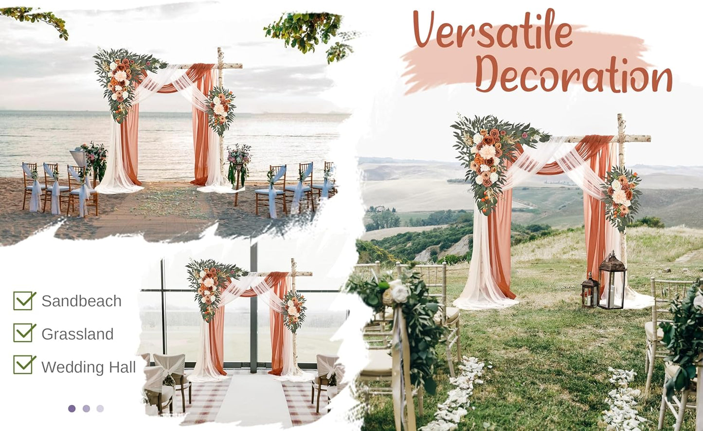 Wedding Arch Flowers with Drapes Kit (Pack of 4) - 2pcs Artificial Terracotta Deluxe Swag with 2pcs Sheer Drapes for Wedding Ceremony Arbor Reception Backdrop Rose Floral Decoration