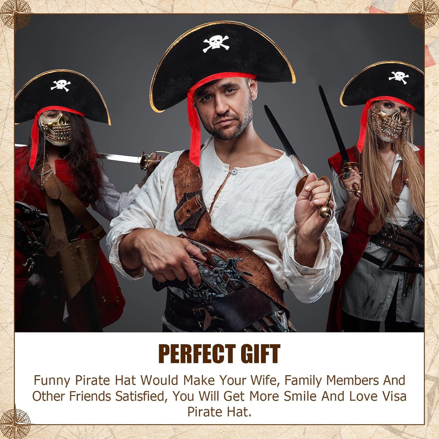 Hsei Halloween Pirate Hat Skull Print Captain Costume Caps Party Accessories Hats for Cosplay Caribbean Nautical Themed