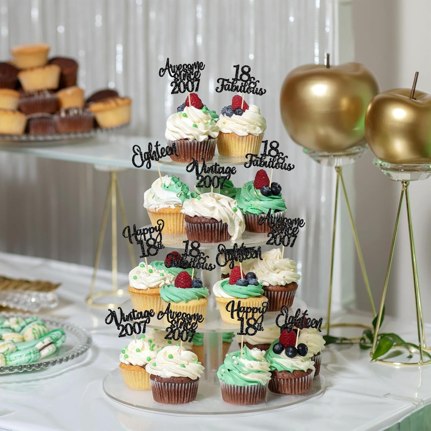 30Pcs Happy 18th Birthday Cupcake Toppers Glitter Eighteen Vintage 2007 Cupcake Picks Cheers to 18 Fabulous Cake Decorations for 18th Birthday Wedding Anniversary Party Supplies Black