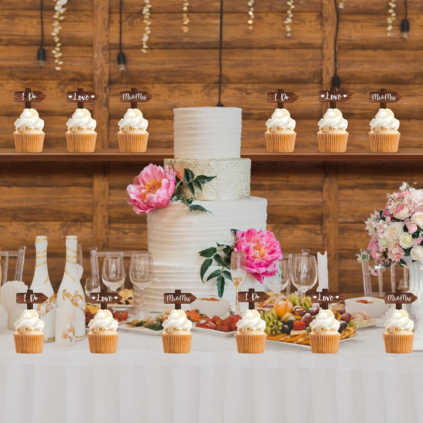 36 PCS Rustic Wedding Cupcake Toppers in Wood Wedding Engagement Cake Decorations