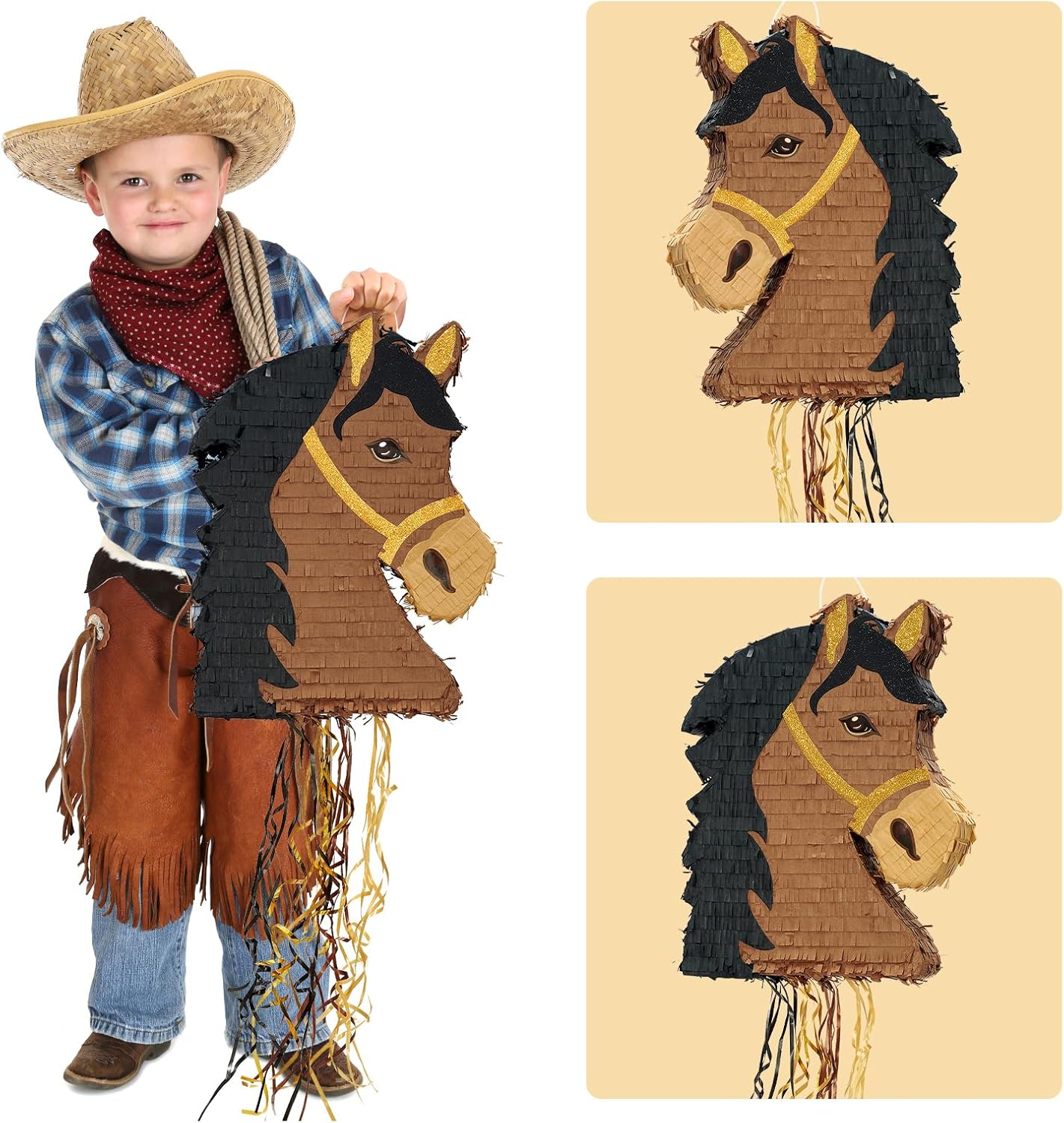 WERNNSAI Horse Piñata - Brown Horse Party Decorations Hanging Cowboy Piñata with Blindfold and Bat Western Cowboy Party Favors for Kids Boys Classroom Activities Game