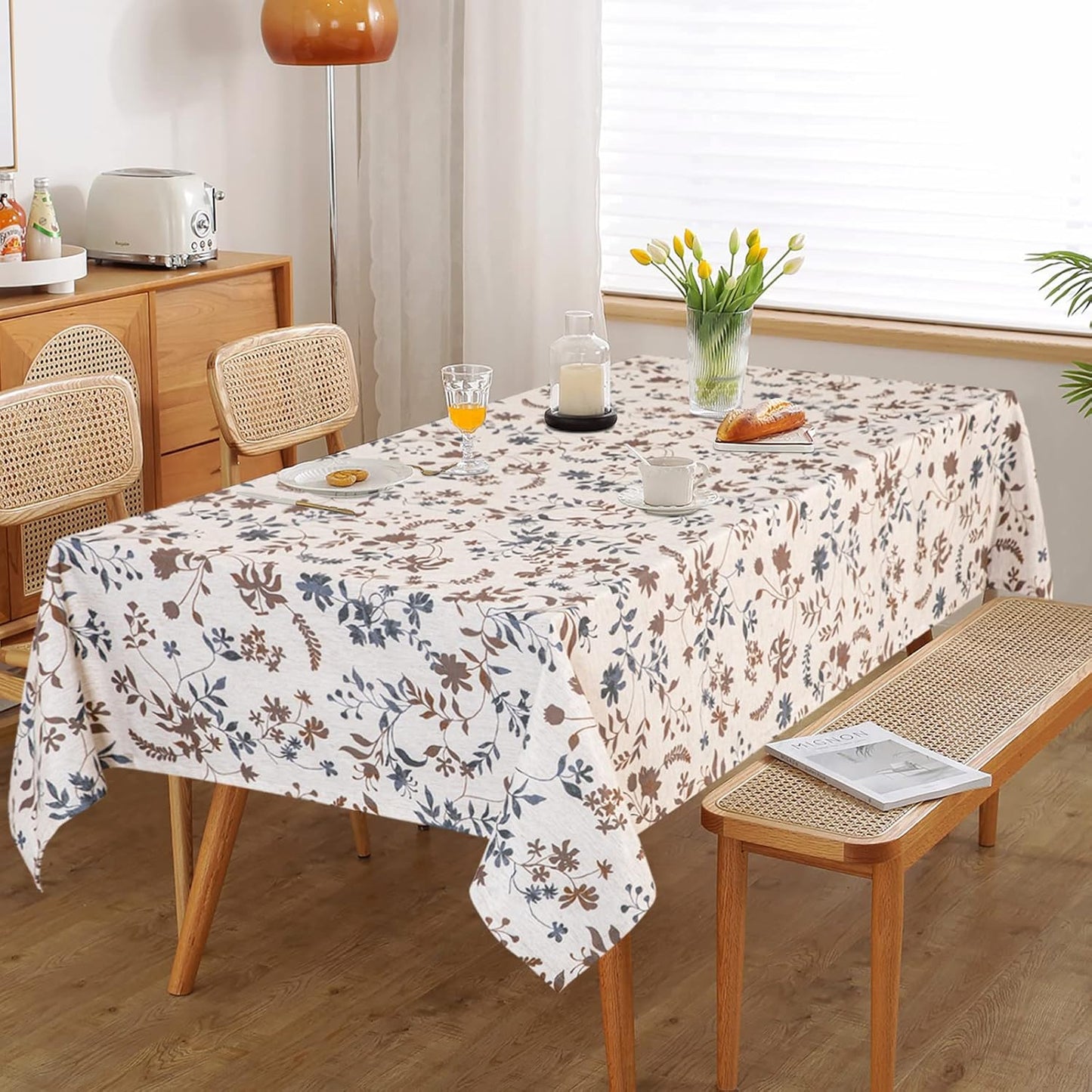 MYSKY HOME Rustic Tablecloth Classic Brown Leaves Printed Linen Fabric Table Cover Waterproof Fabric Tablecloth Farmhouse Decoration 60x120 Inches Rectangle/Oblong for Kitchen Dining and Outdoor Use