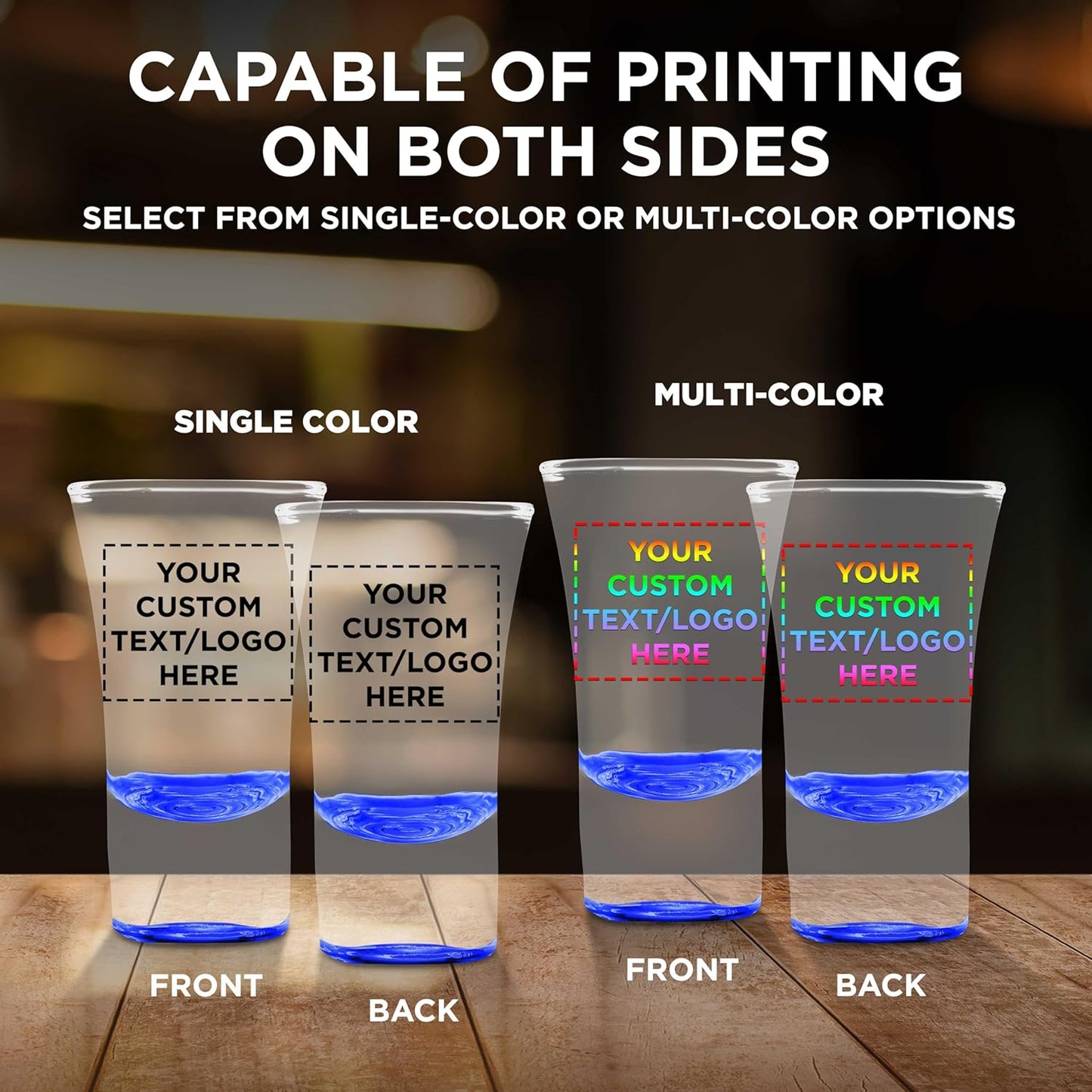 Custom 2 oz. Lord Shooter Etched Shot Glasses, 100 pack, Personalized Text, Logo, 21st Birthday Party, Lounge Glassware, Blue