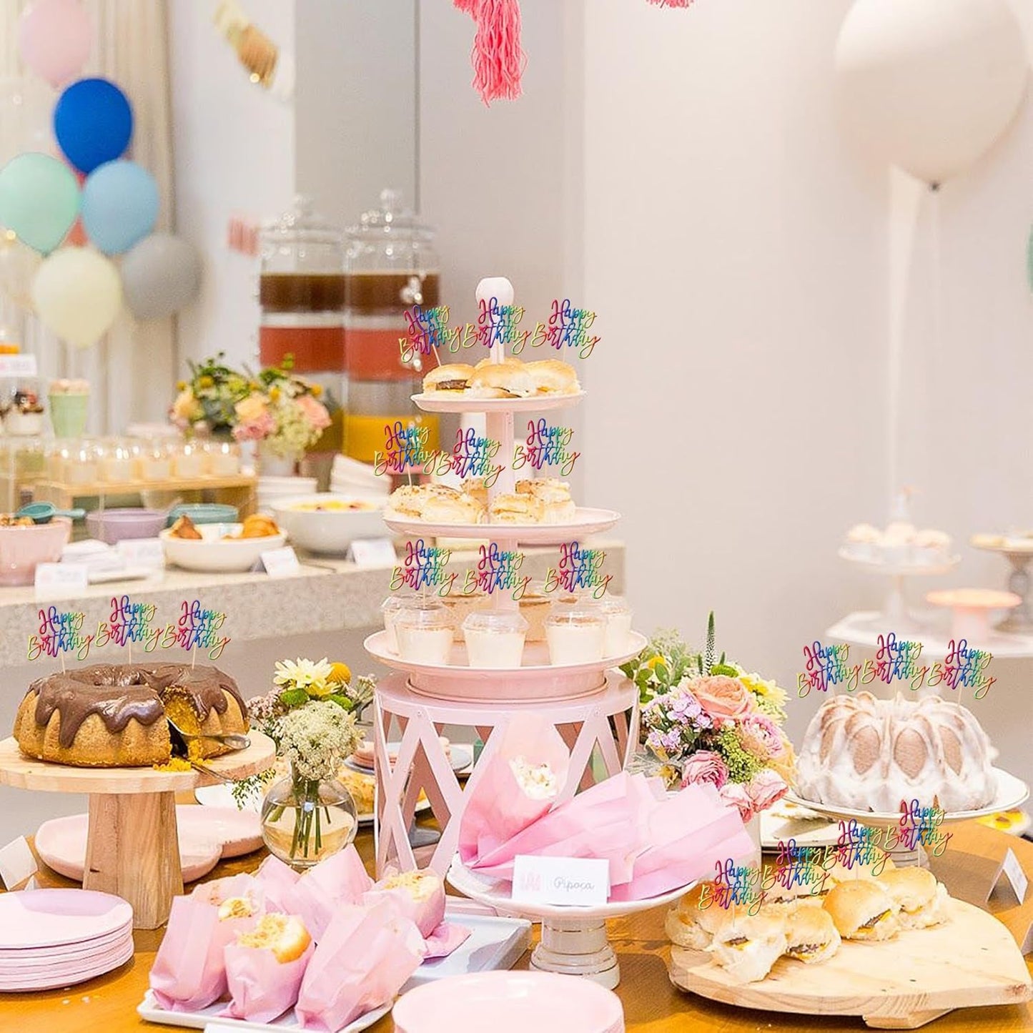 24 PCS Glitter Cupcake Toppers - Happy Birthday & Anniversary Picks for Celebrating Parties - Colorful