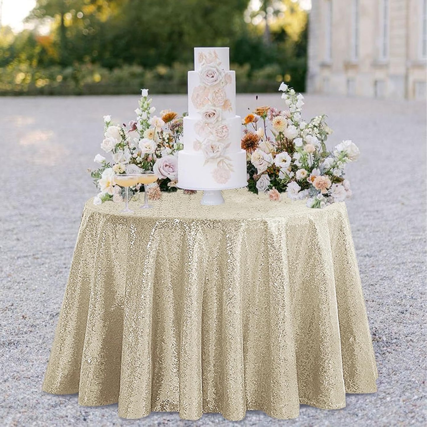 OQSQ Champagne Round Sequin Tablecloth, Glitter Tablecloth for Bridal Shower Decorations, Birthday, Wedding, Dessert, Banquet(50X50 inch Round,Champagne)
