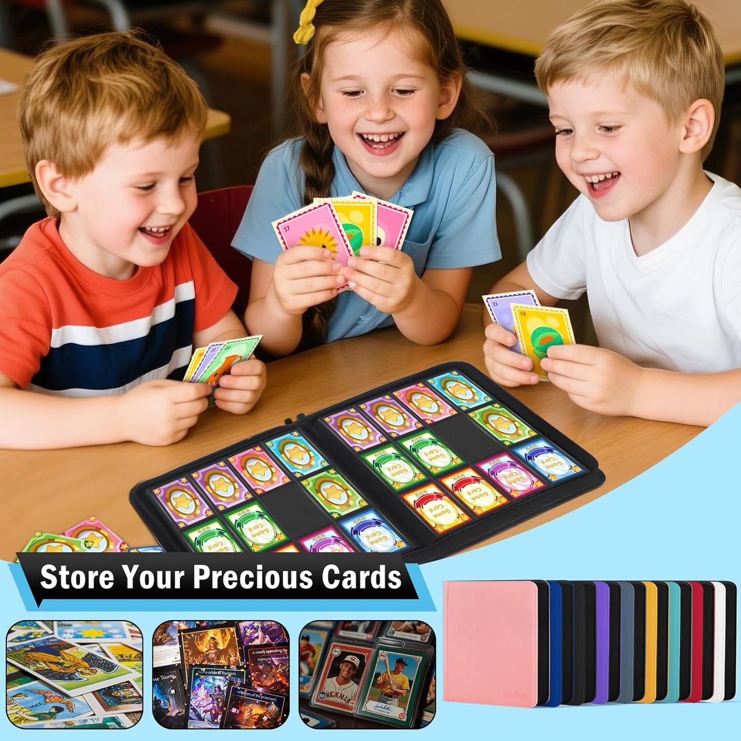 12 Pockets Trading Card Zipper Binder for 720 Cards, 30 Side-Loading Card Binder Folders, Ringless Card Sleeves with PU Cover, Collectible Trading Card Albums for Boys, Girls, Sports Game Cards, Blue