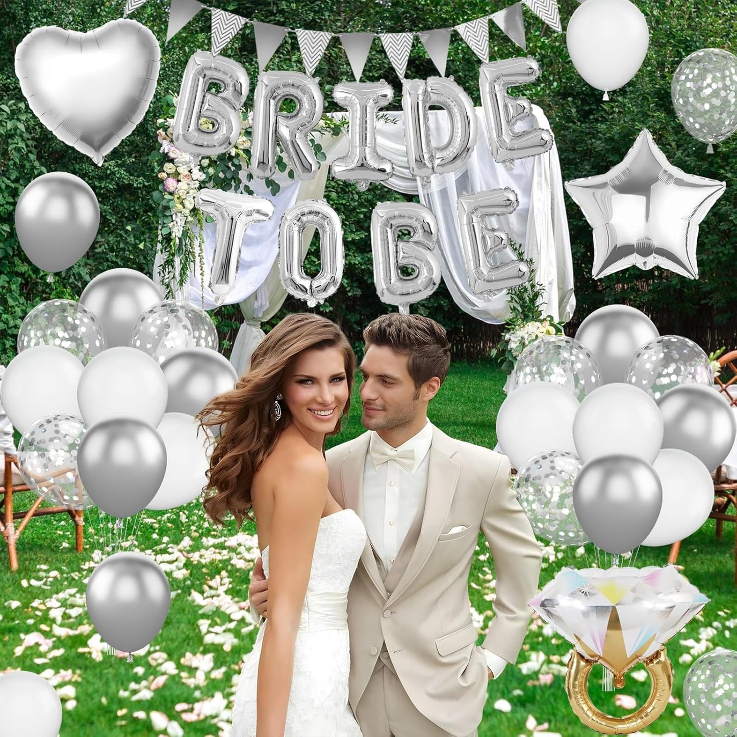 Silver Bachelorette Party Decorations, Silver Bride To Be Bridal Shower Balloons Decorations, Metallic White Balloon with Diamond Ring Star Heart Balloon for Bachelorette Engagement Wedding