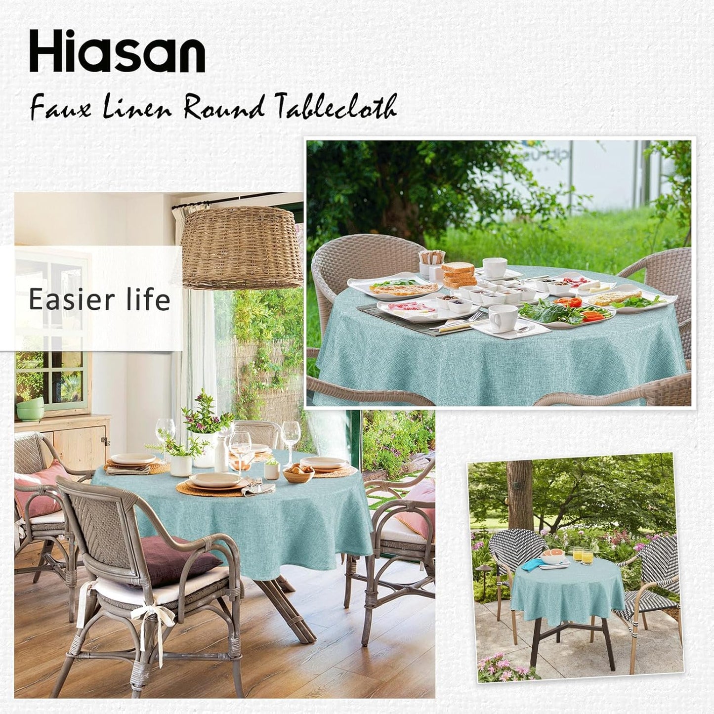 Hiasan Round Linen Tablecloth 50 Inch - Wrinkle and Stain Resistant Washable Polyester Fabric Table Cloth for Dining Room Kitchen Party, Aqua