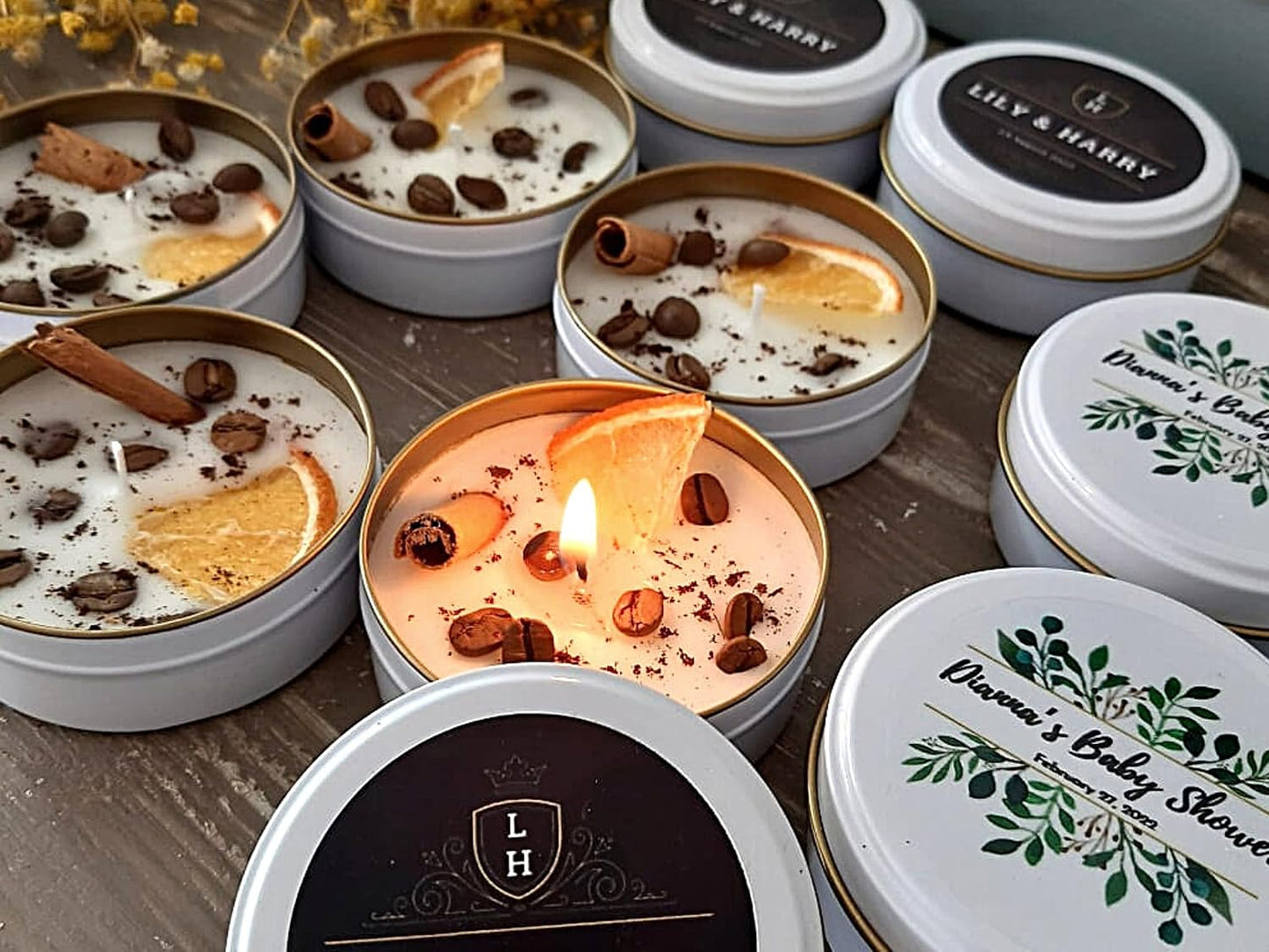 Coffee Scented Soy Wax Candle Favors with Hand-Placed Orange and Cinnamon Stick - Handmade Gift Set for Wedding Guest - Bridal Shower Baby Shower Birthday (10 Pieces)