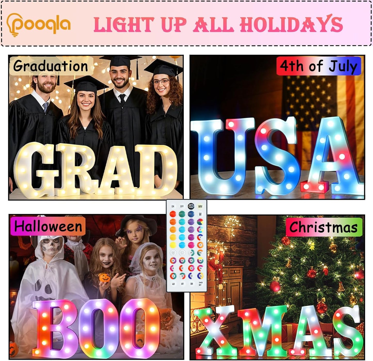Pooqla Colorful Light Up Letters with Remote, Upgraded 35 Colors LED Marquee Letters, RGB Lighted Letter for Girls Teenager Gift, Birthday, Party, Wedding, Night Light, Room, Bedroom Decor, Letter U