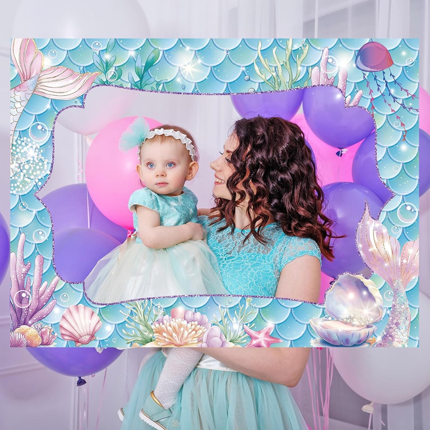Upgraded 32 x 24 Inch Large Photo Booth Props Picture Frame Vintage Photo Frame Friends Selfie Props for Halloween Carnival Christmas Wedding Mexico Party Favors(Mermaid Style)
