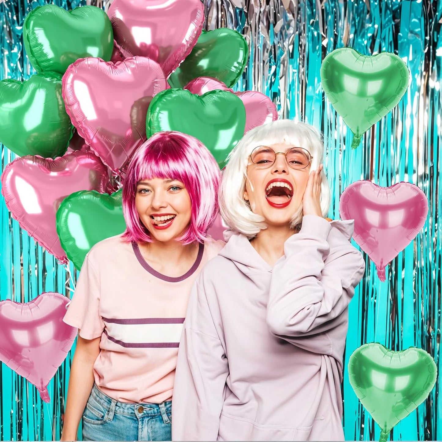 12 Pcs Heart Balloons, 18 inch Pink Green Heart Shaped Balloon, Big Helium Foil Pink Green Balloons for Wedding Baby Shower Anniversary Backdrop Valentine Witch Theme Party Decorations