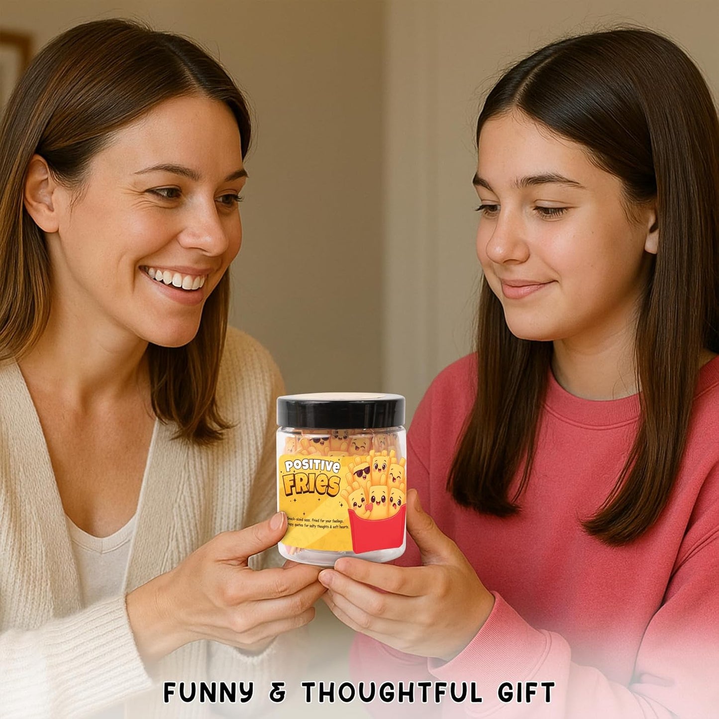 Positive Fries Jar β 60 Funny Affirmation Cards, Emotional Support Fries for Friends, Teens, Coworkers, Funny Foodie Gifts for Stress Relief and Positivity