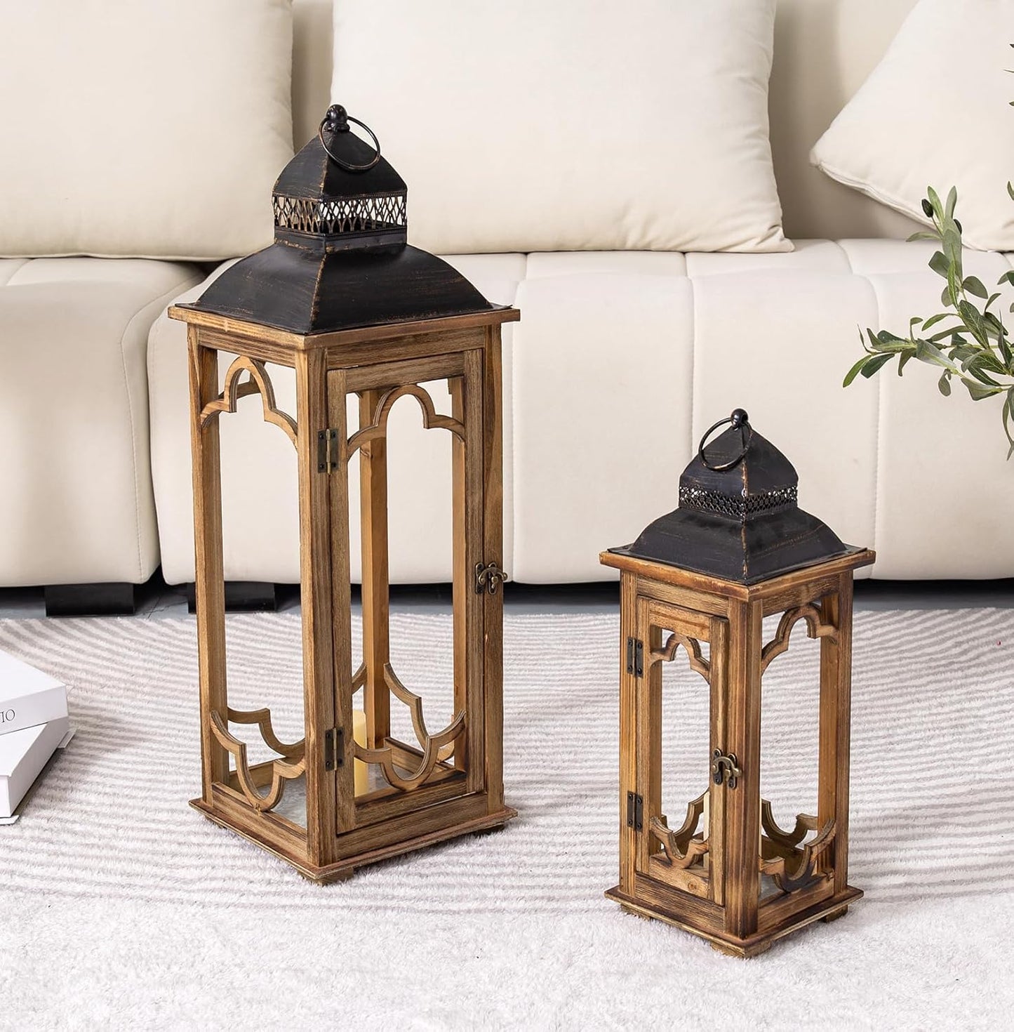 Large Farmhouse Decorative Wooden Lantern Set of 2, Rustic Brown Floor Lanterns, Indoor/Outdoor Hurricane Lanterns for Home Decor (No Glass)