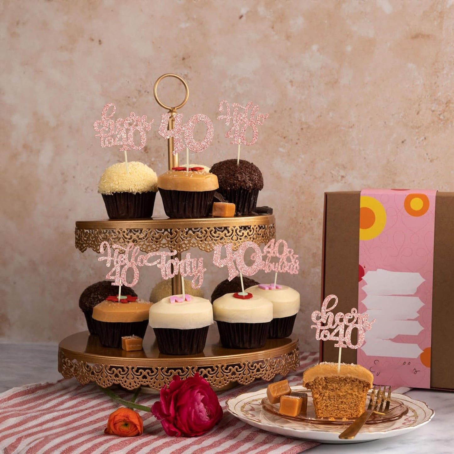 Gyufise 30Pcs Happy 40th Birthday Cupcake Toppers Rose Gold Glitter Forty Cheers to 40 Years Old Birthday Cupcake Picks for Happy 40th Birthday Anniversary Party Cake Decorations
