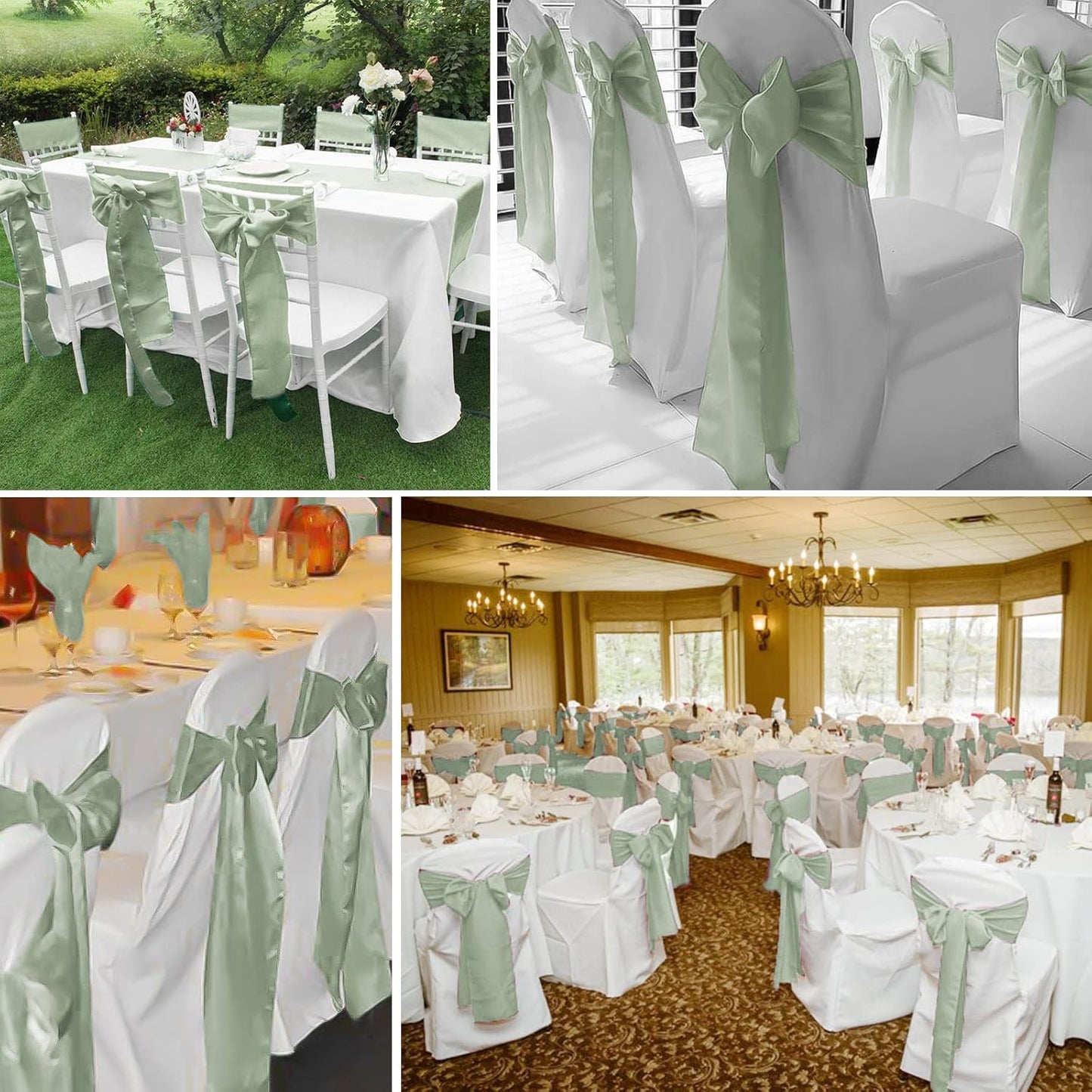 fani 120 PCS Sage Green Satin Chair Sashes Bows Universal Chair Cover for Wedding Reception Restaurant Event Decoration Banquet,Party,Hotel Event Decorations (7 x 108 inch)