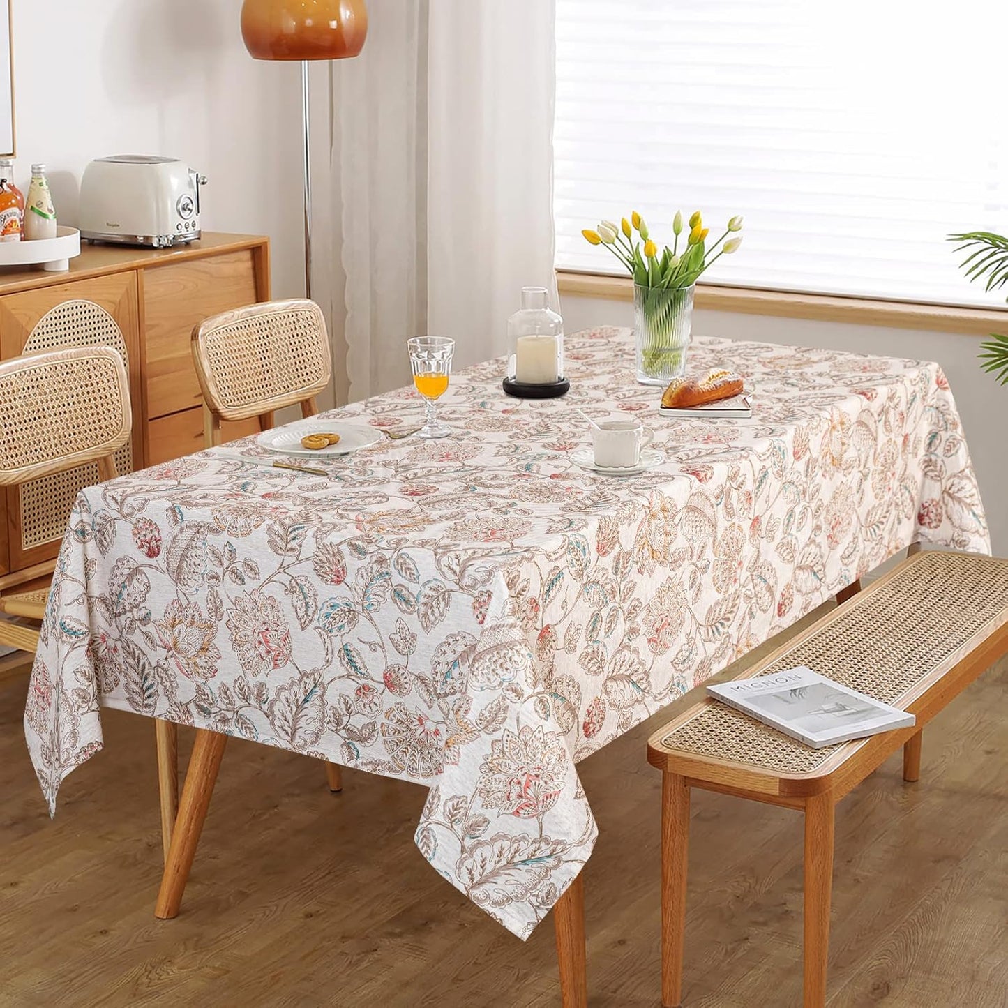 MYSKY HOME Linen Floral Tablecloth Rectangle 60x84 Inch Rustic Tablecloth Spring Summer Waterproof Fabric Table Cover Farmhouse Decoration Oblong for Kitchen, Dining and Outdoor Picnic, Brown