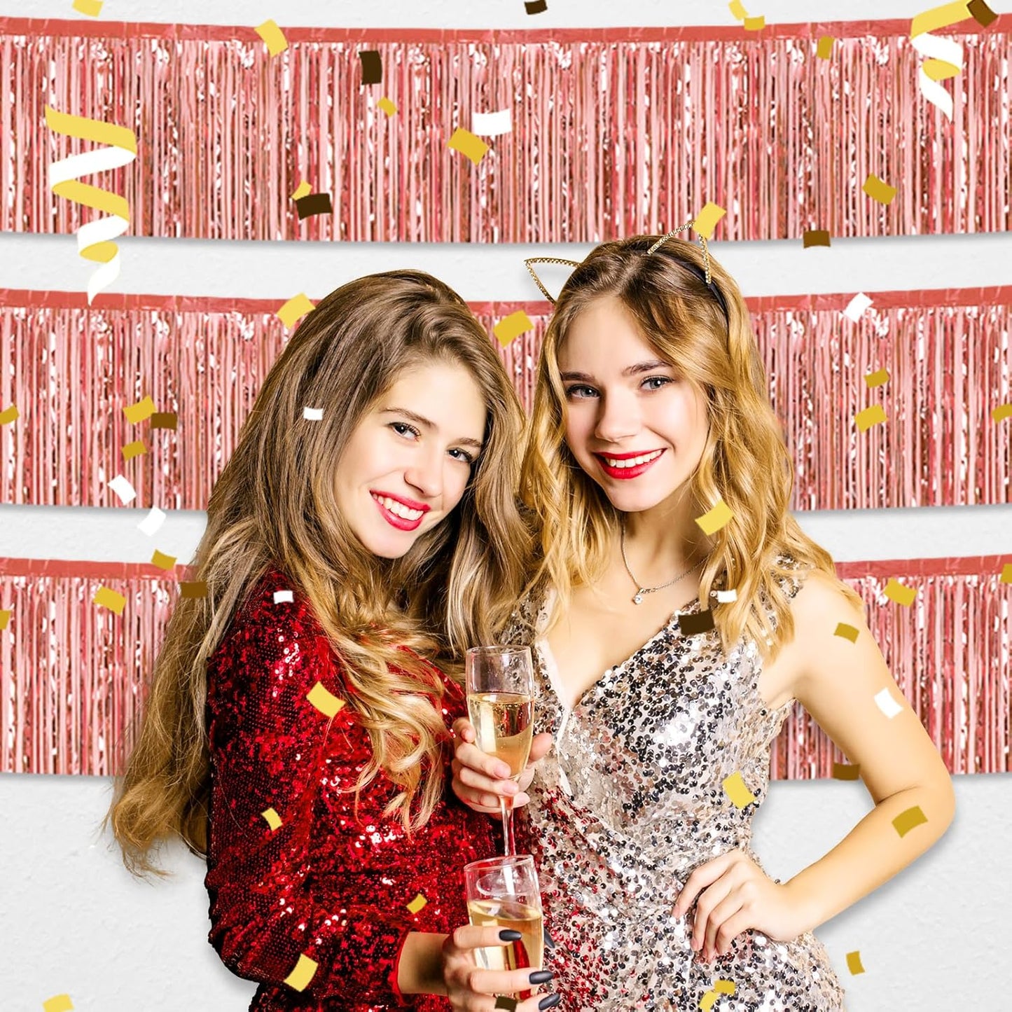 4 Pack 10 Feet Rose Gold Foil Fringe Garland Metallic Tinsel Streamers Banner Wall Hanging Curtain Backdrop for Parade Floats, Wedding, Graduate, Mother's Day, Birthday Party Decoration