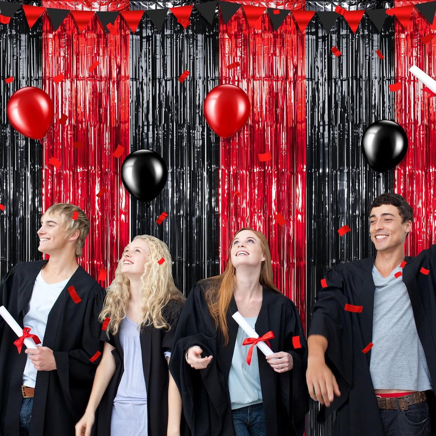3 Pack 3.3Ft x 6.6Ft Graduation Foil Fringe Curtain Backdrop Decorations, Red Black Metallic Tinsel Foil Streamers Curtain Photo Booth Background for Graduation Prom Wedding Birthday Party Decorations