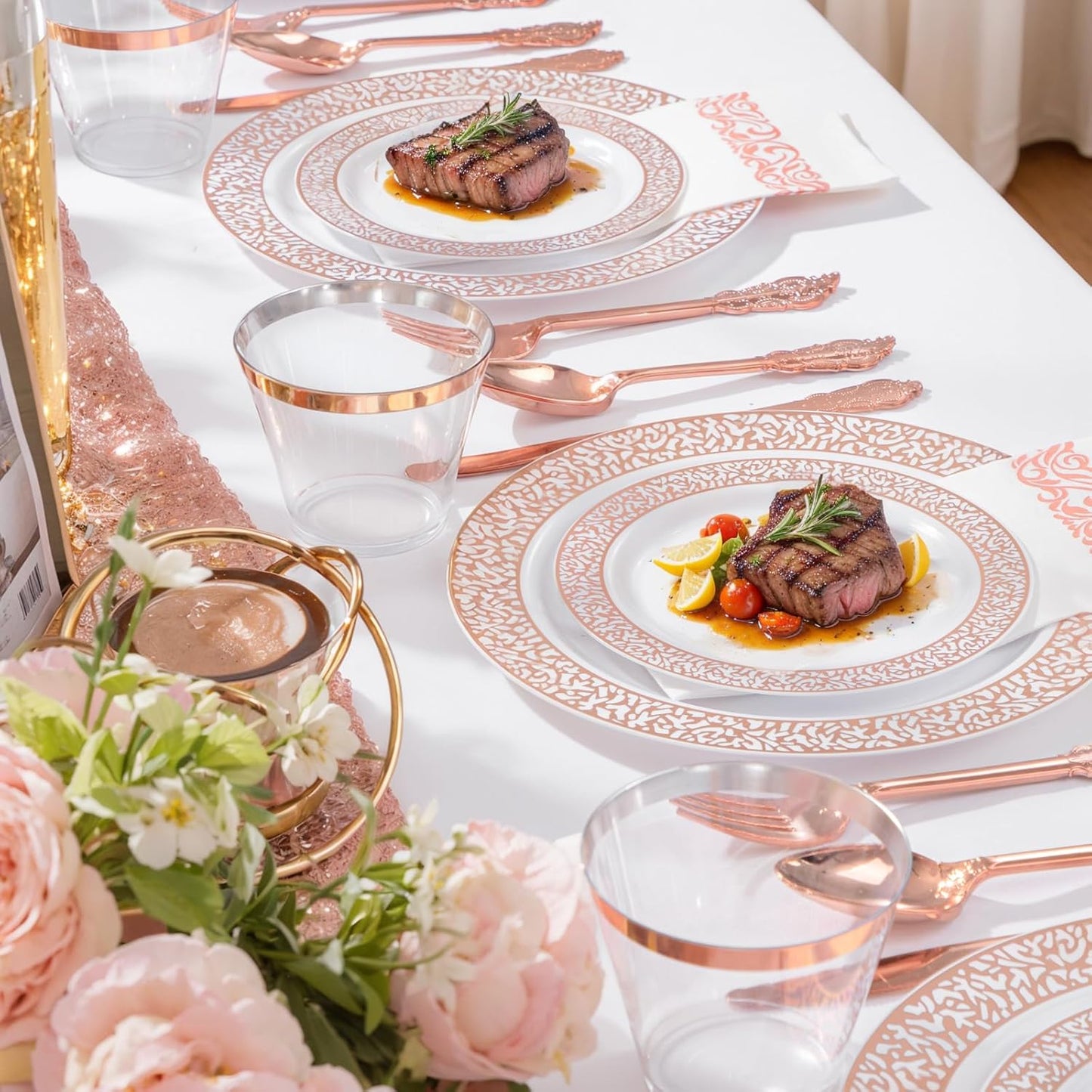 Festiva 350PCS Rose Gold Plastic Dinnerware Set - Disposable Lace Rose Gold Plates and Napkins Party Supplies - include plates,napkins,cups,silverware - Serve for 50 Guests Party&Wedding&Mother's Day