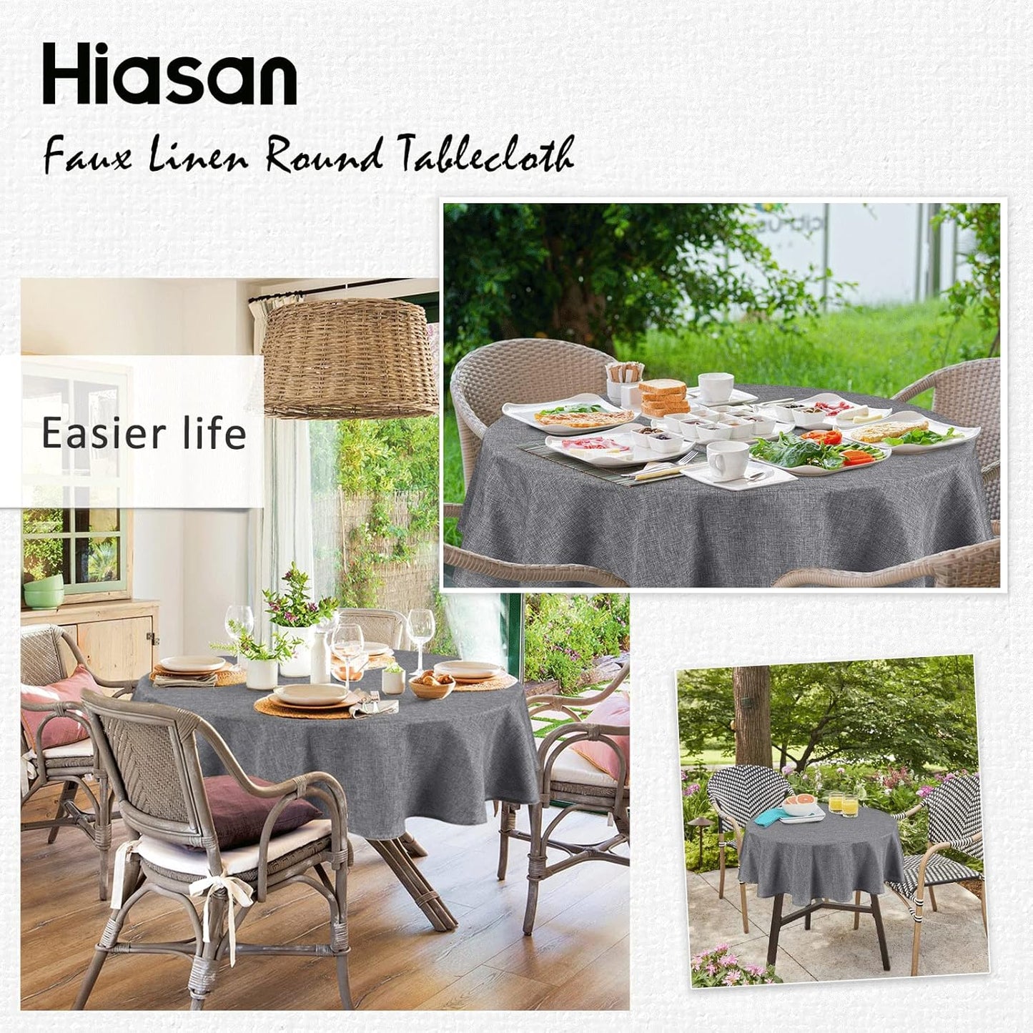 Hiasan Round Linen Tablecloth 108 Inch - Wrinkle and Stain Resistant Washable Polyester Fabric Table Cloth for Dining Room Kitchen Party, Grey