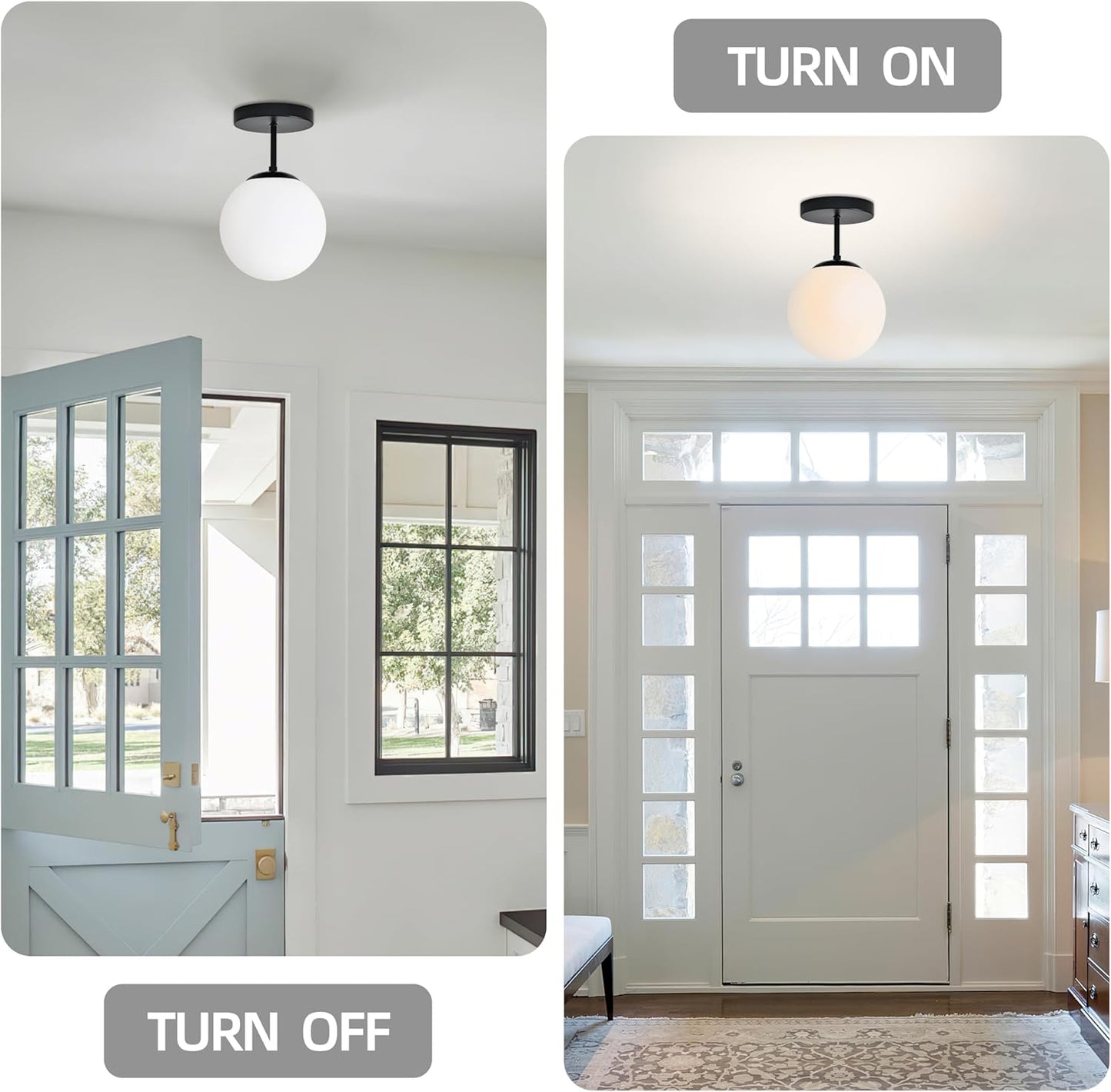 8" Black Semi Flush Mount Ceiling Light Fixture Milk Glass Globe Ceiling Light Fixtures Hallway Light Fixtures Mid Century Ceiling Lights Matte Black Finish for Entryway Foyer (Bulb Incl.)