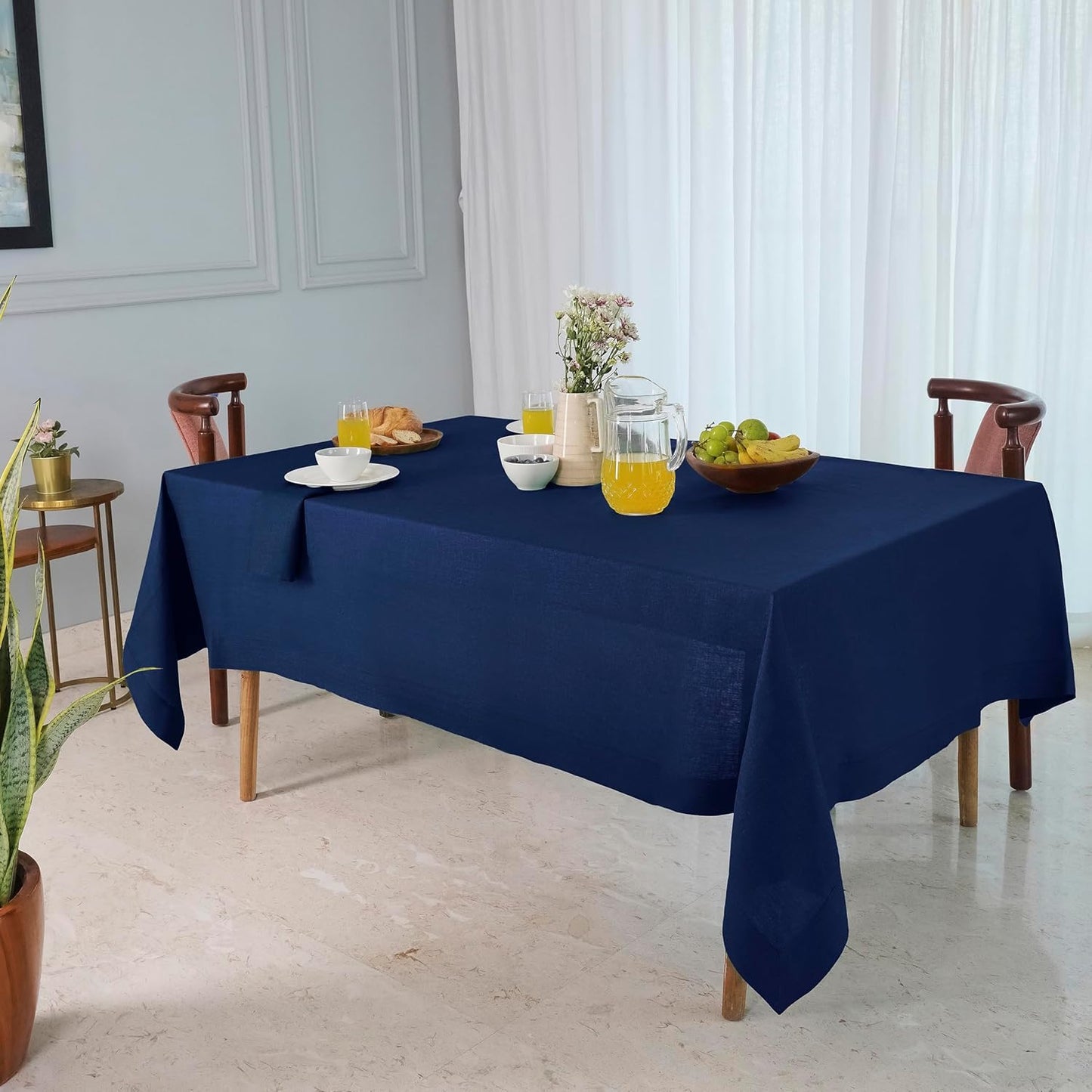 D'Moksha Homes Navy Blue Linen Tablecloth 54 x 72 Inch - 100% Pure Linen Tablecloth for Rectangle Tables - Machine Washable Table Cloth for Fall, Autumn and Halloween